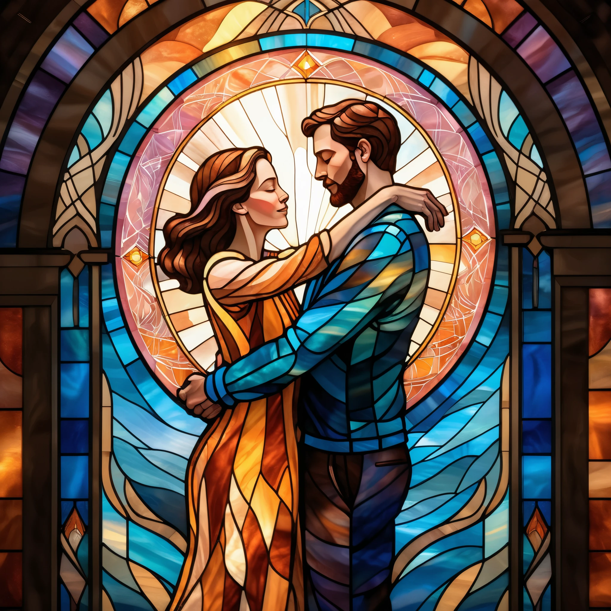 Stained-glass style illustration of a floating ((A man and woman hugging)), centered in the image, appearing to hover in mid air. The ((A man and woman hugging)) is intricately drawn in shades of brown, pink, and white, with mosaic-like detail and vivid artistic effect. The background is a luminous stained-glass wall only (no floor visible), designed with both horizontal and vertical symmetry, featuring geometric and organic patterns in glowing blue, yellow, and orange tones. Soft sunlight filters through the symmetrical glass, creating a warm, ethereal glow.