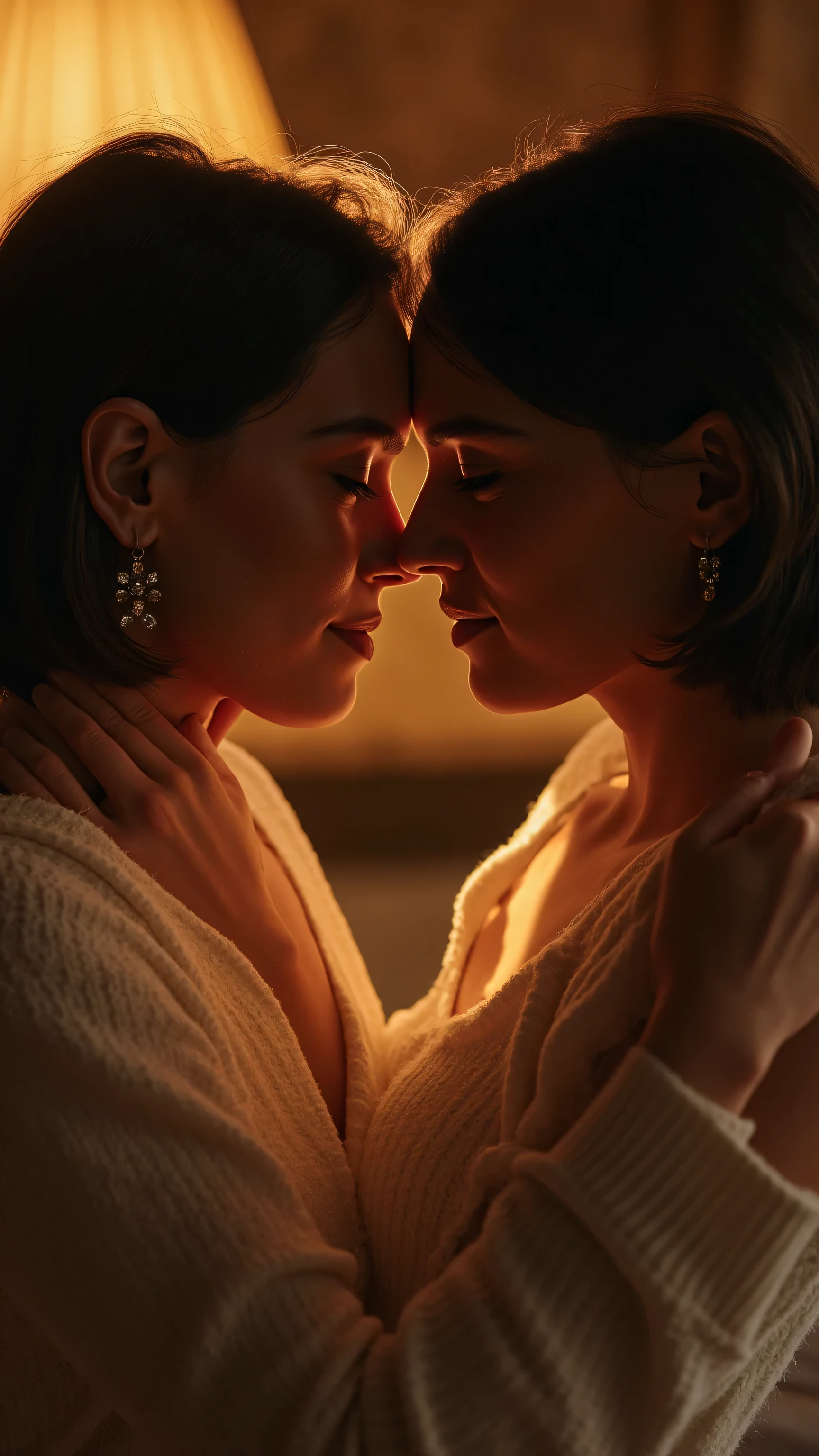 A quiet and intimate scene in a softly lit bedroom,two women tenderly hugging,Close-up faces,warmer ausdruck,highly detailed photorealistic painting,ultra-detailliert,high resolution,seidenweiche haut,subtle body language,natural earth tones,warmes, weiches licht,dramatic chiaroscuro effect,pixelated beauty,photorealistic oil on canvas technique