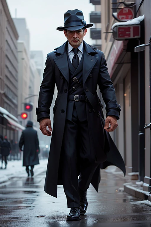 sexy mature daddy, tanned-skin, big bulge, stubble, muscular, mystery detective, foggy city street, trench coat, inquisitive glance