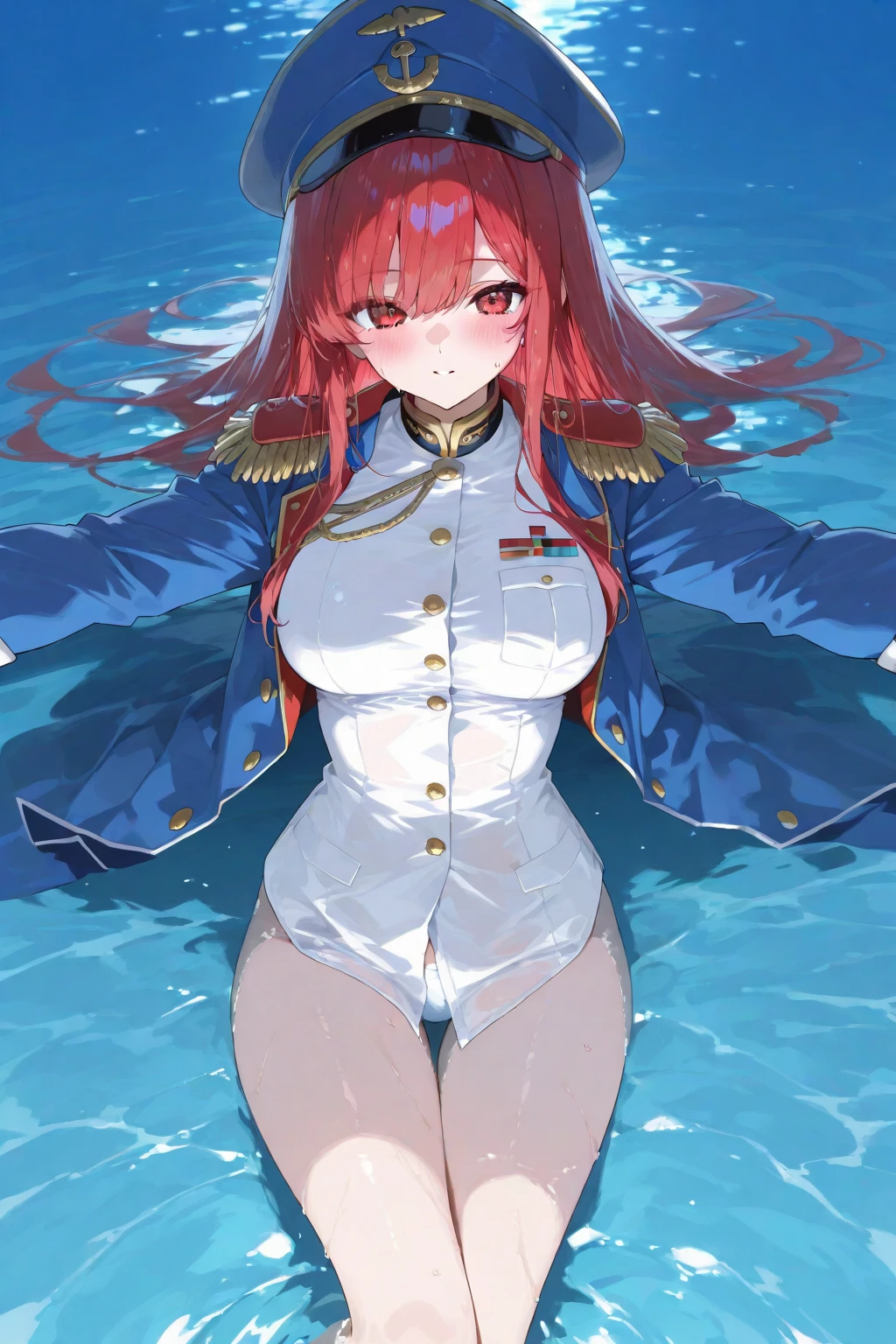 Giantess appears from underwater in front of a giant cruise ship, ready to atack him and detroy it, the cruise ship looks very small in front of her because it is giant, she is , she has red hair and white skin, she has small  but very  legs and her body is very curvy. Goddess, Attack, giant, cruise ship, , , hot, ocean, in the middle of the ocean, without buildings, High quality, Red hair, excited girl, hottest, tall girl,  legs, monster girl, Standing, cruise ship, cruise, giant cruise, attacking, evil giantess