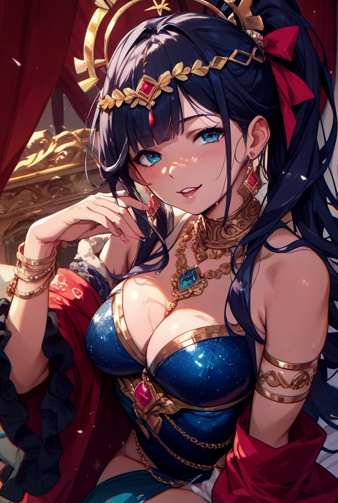 (High quality, High resolution, Fine details), Realistic, Greek Marble Temple, (Galaxy Pattern Dress:1.2), solo, curvy women, black hair, sparkling eyes, (Detailed eyes:1.2), smile, blush, Sweat, Oily skin, shallow depth of field
