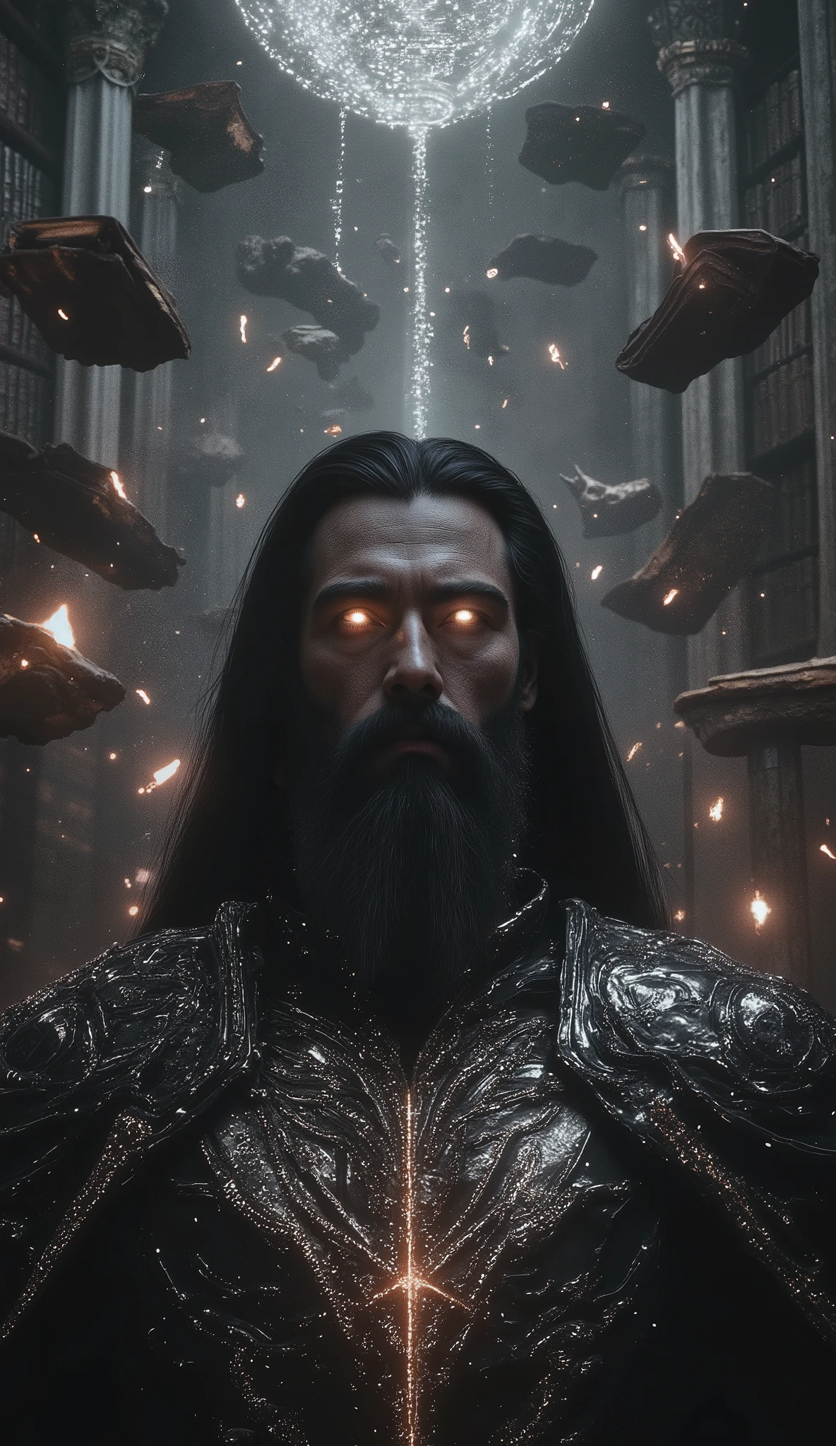 Dark fantasy scene of a bearded archimage standing in a vast magical library filled with towering marble columns and endless shelves of ancient books. Floating tomes and glowing runes illuminate the space with dim, moody light. The archimage has an elegant, mysterious aura — dark robes embroidered with arcane symbols, metallic gauntlets, and eyes shimmering with ancient power. The atmosphere is ethereal and shadowy, with drifting embers and a sense of forbidden knowledge. Cinematic, detailed, dramatic lighting, high realism.