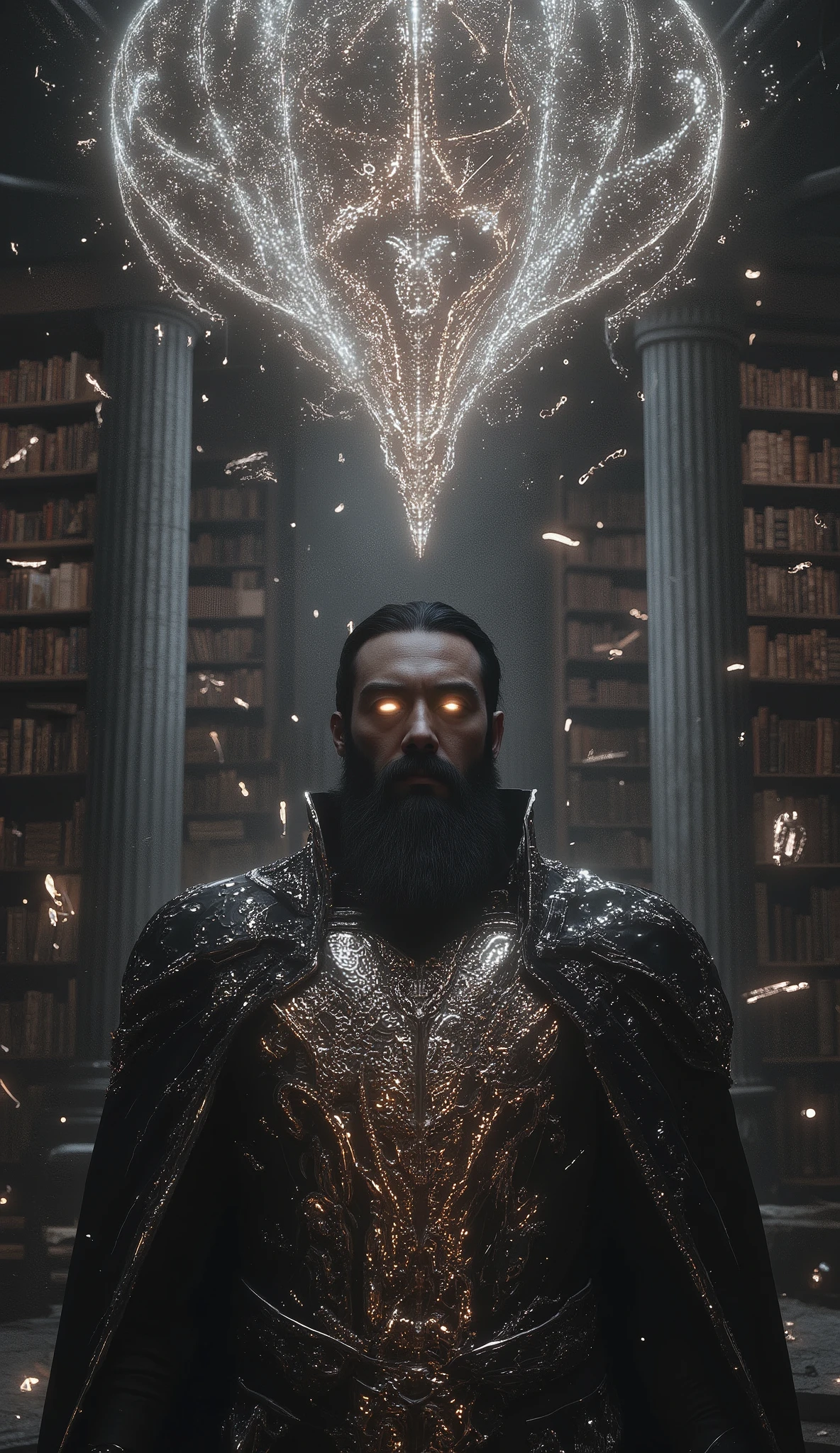 Dark fantasy scene of a bearded archimage standing in a vast magical library filled with towering marble columns and endless shelves of ancient books. Floating tomes and glowing runes illuminate the space with dim, moody light. The archimage has an elegant, mysterious aura — dark robes embroidered with arcane symbols, metallic gauntlets, and eyes shimmering with ancient power. The atmosphere is ethereal and shadowy, with drifting embers and a sense of forbidden knowledge. Cinematic, detailed, dramatic lighting, high realism.