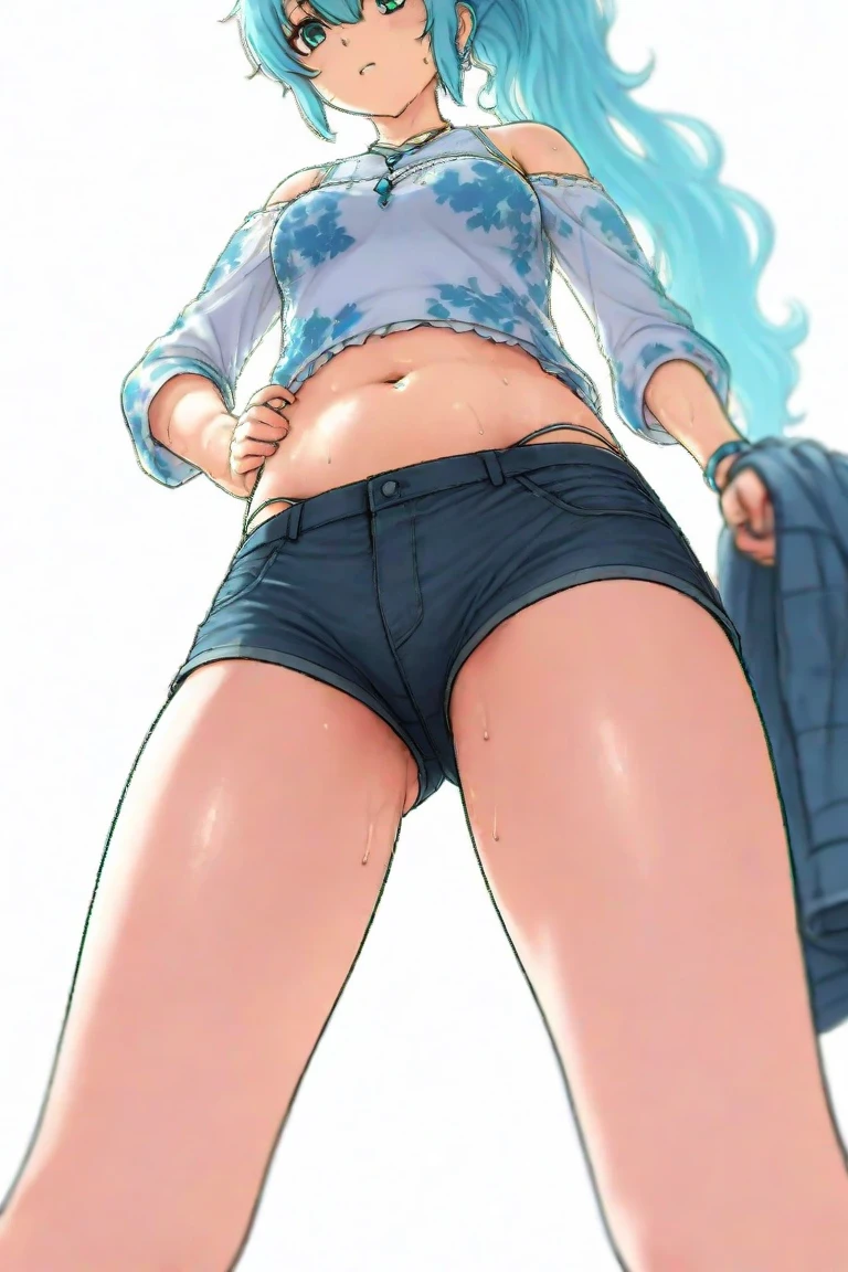 (masterpiece, best quality:1.2), 1girl, solo,standing_split, ((( small ))), 
((long ponytail turquoise hair))), ((red eyes))), White sleeveless tank top，blue denim shorts,( black pantihose),(turquoise highheels)