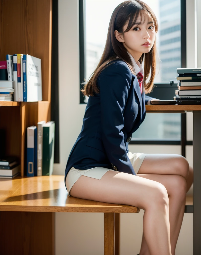 a 20 year old actress has got the most beautiful woman's face in the world and perfect propotions of a woman's body, blazer is worn on shirt, hands are off  between opened legs, two pairs of  under , woman's pubic hair, sitting on a desk chair in office, , best quality, highly detailed, masterpiece, ultra high res, photo realistic, 8k