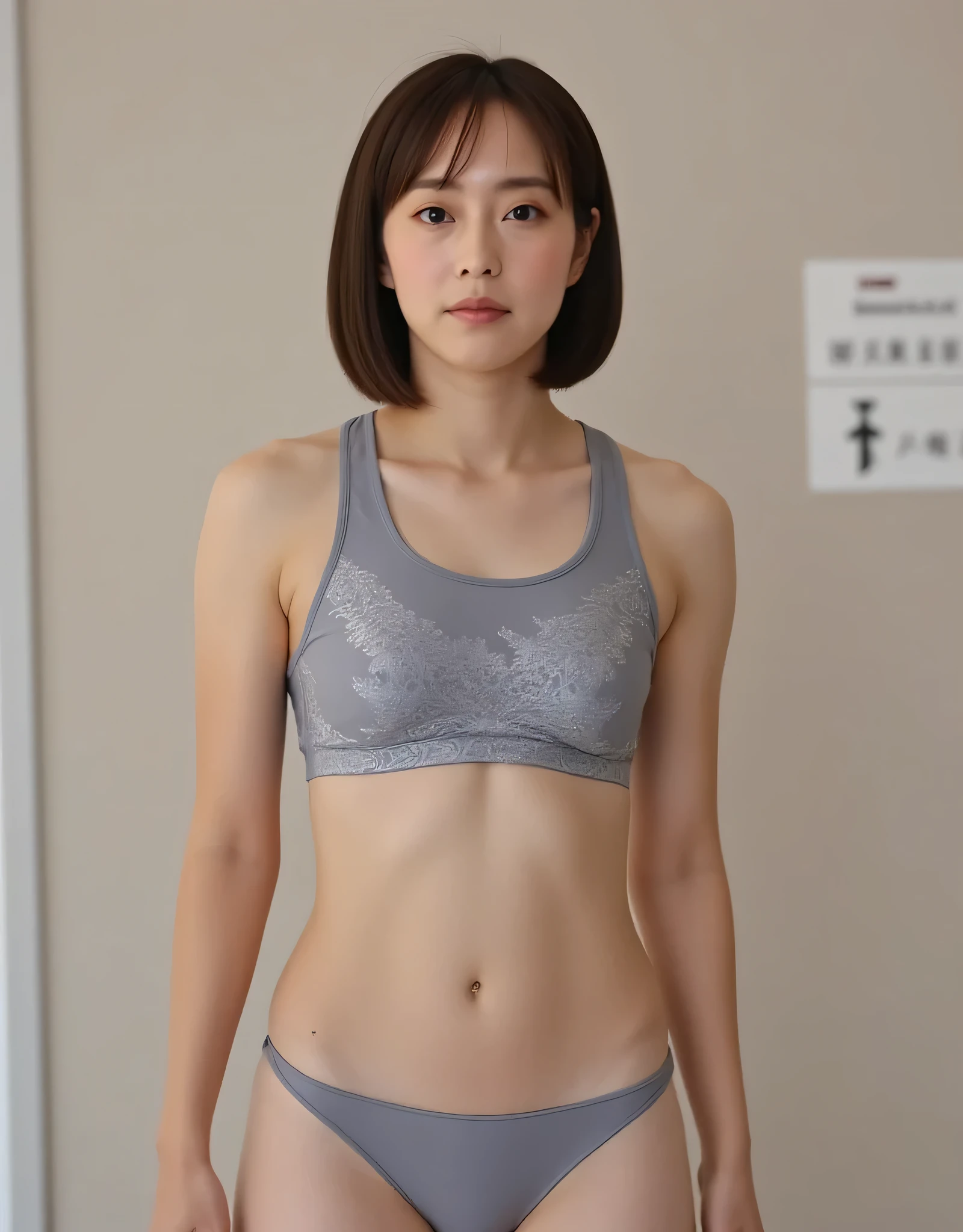 Kasumi Ishikawa,(Raw  Picture  real:1.6) live-action,  Picture , Highest Quality,( Cute girl 18 years old ), Serious Face, 全身Picture , muscular body, ((( slender body))), (((thin waist))),(small breasts), focuses on women,, against a man, ((全身Picture)), (((I'm wearing a tight gray bra and panties with an elaborate design)))