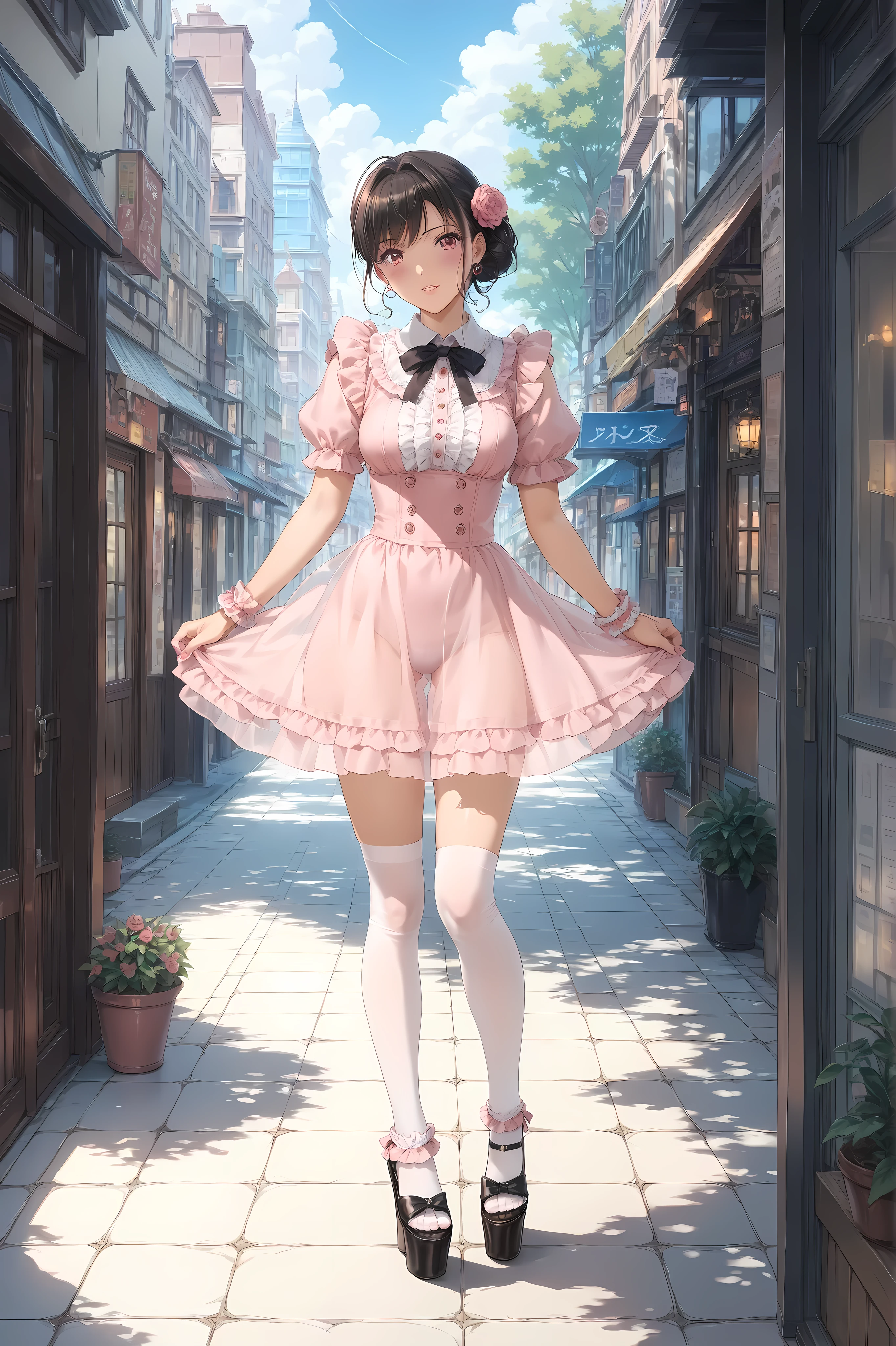 ((inspired by )),((inspired by Animation Style:1.5)),(masterpiece, best quality),beautiful, beautiful-woman, ((detailed face)).(full body:1.3)., 
, 
,

((The woman is wearing  jirai-kei fashion)),pink frilled shirt with short puff sleeves, black neck ribbon,and high waist skirt with black frilled see-through knee-highs-socks ,(platform footwear). ,jirai kei,twin-tail, ((frilled see-through socks:1.2)),

background is hotel.
