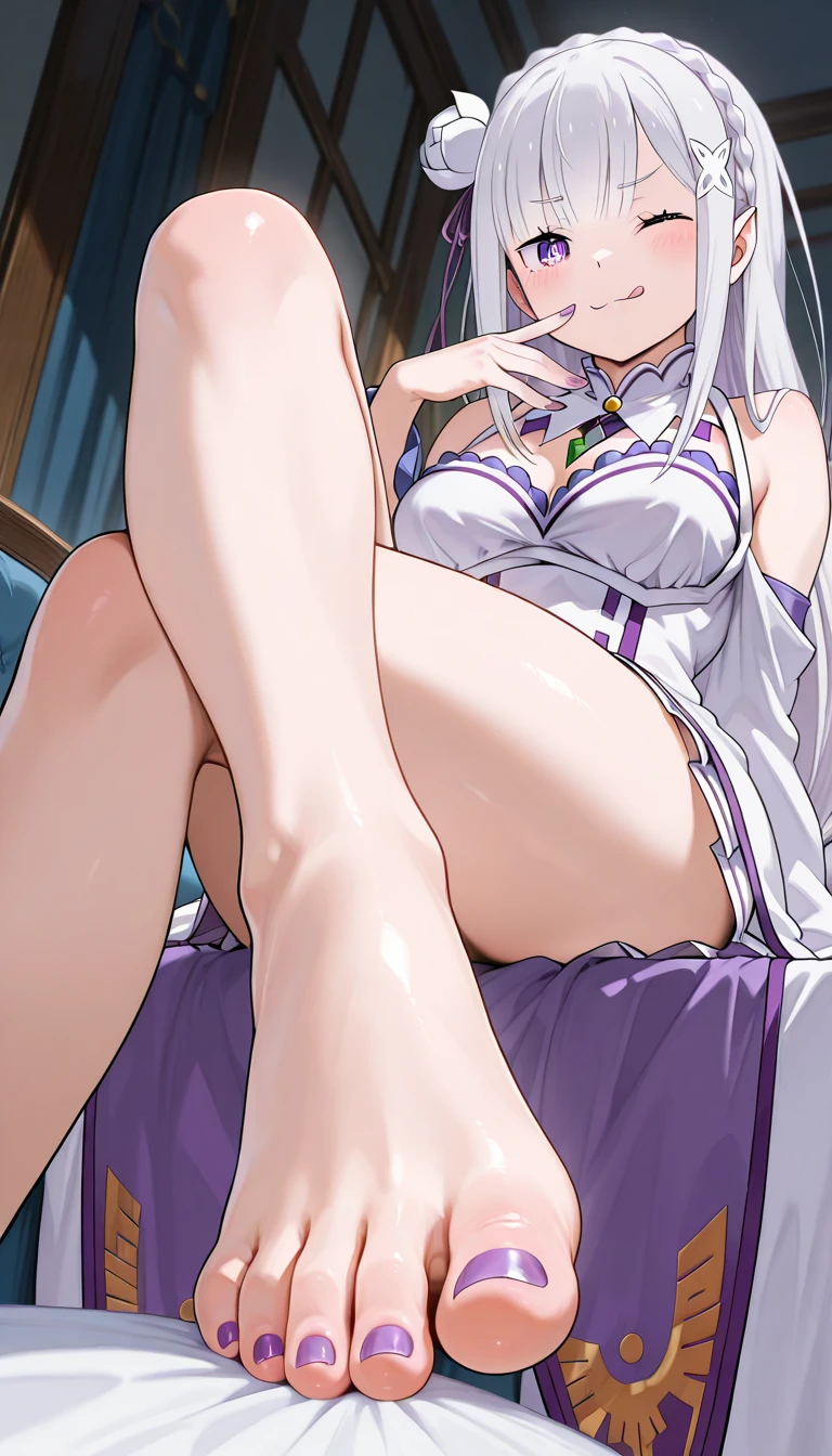  Emilia di Re Zero sitting in a  pose while showing her  foot in the foreground, view from below, embarrassed face as he looks away, very long silver hair, beautiful foot, toenails with purple nail polish, Back of the toes, outfit di Emilia, eyes, With my hand in my hair 