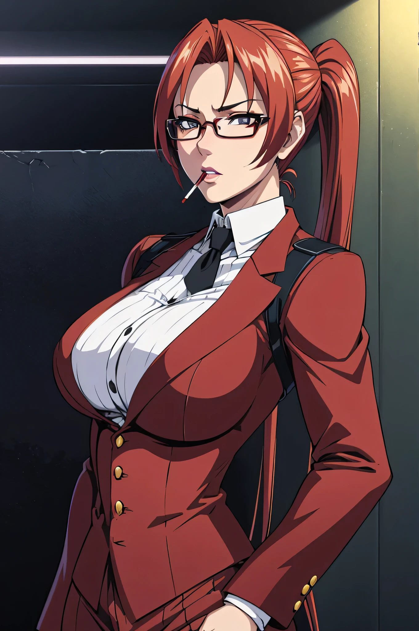 anime style, upper body portrait, elite American female detective, 42 years old, tall with large bust, faded red hair tied back, sharp suspicious eyes, wearing glasses with strong rouge lipstick, smoking a cigarette, sharp gray expensive pants suit, tense and neurotic atmosphere, photorealistic anime lighting, masterpiece, 8k, high quality, depth of field