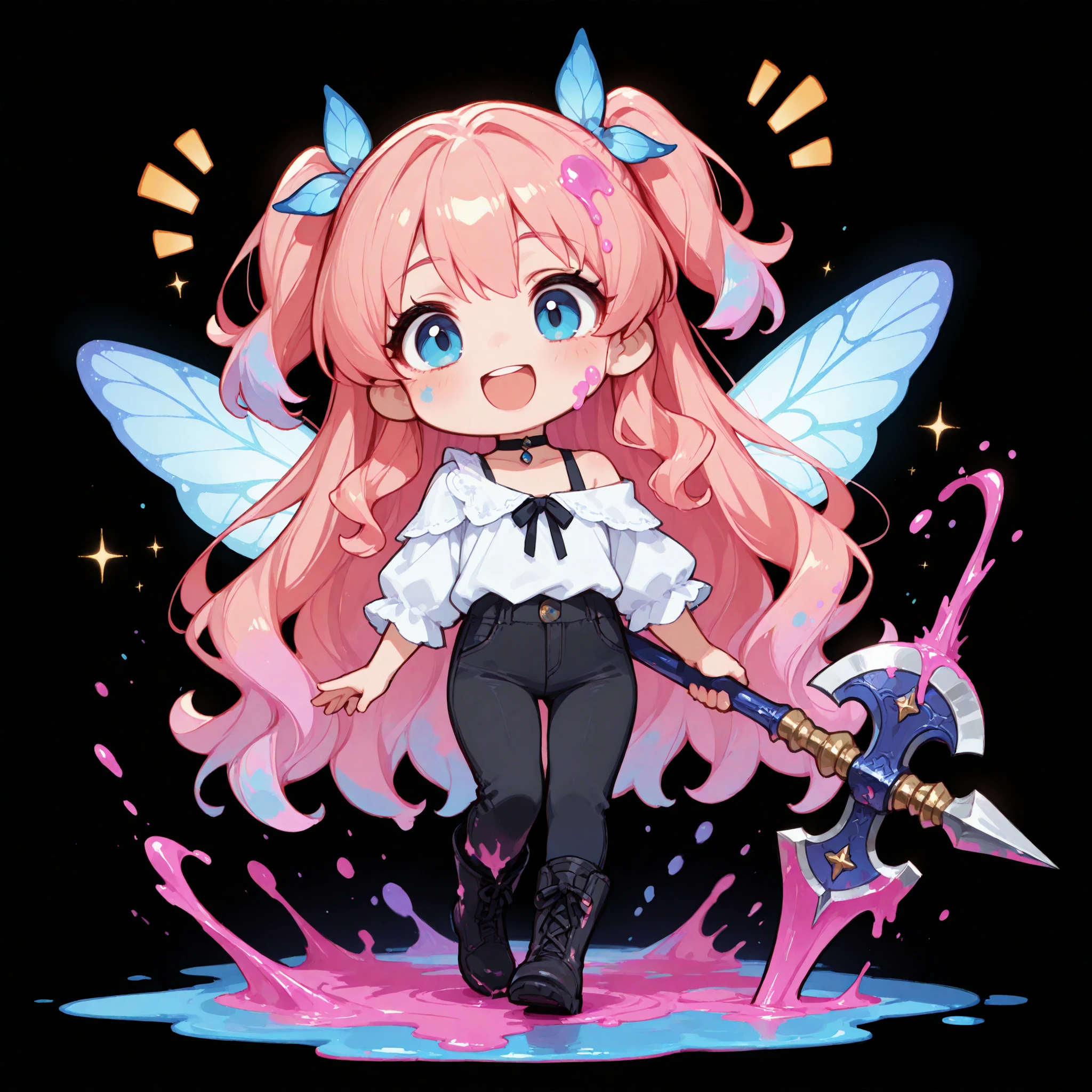 masterpiece, high quality, ultra-detailed,

chibi, solo, fairy, 1 girl, very long hair, hip-length hair, warm pink hair, wavy hair, half up hair, two side up hair, purple and blue liquid splash on hair, blue eyes, pink liquid on cheek, happy expression, smile, excited, halberd, magical fairy wings, black choker, off shoulder blouse, Casual pants, boots, studios black background