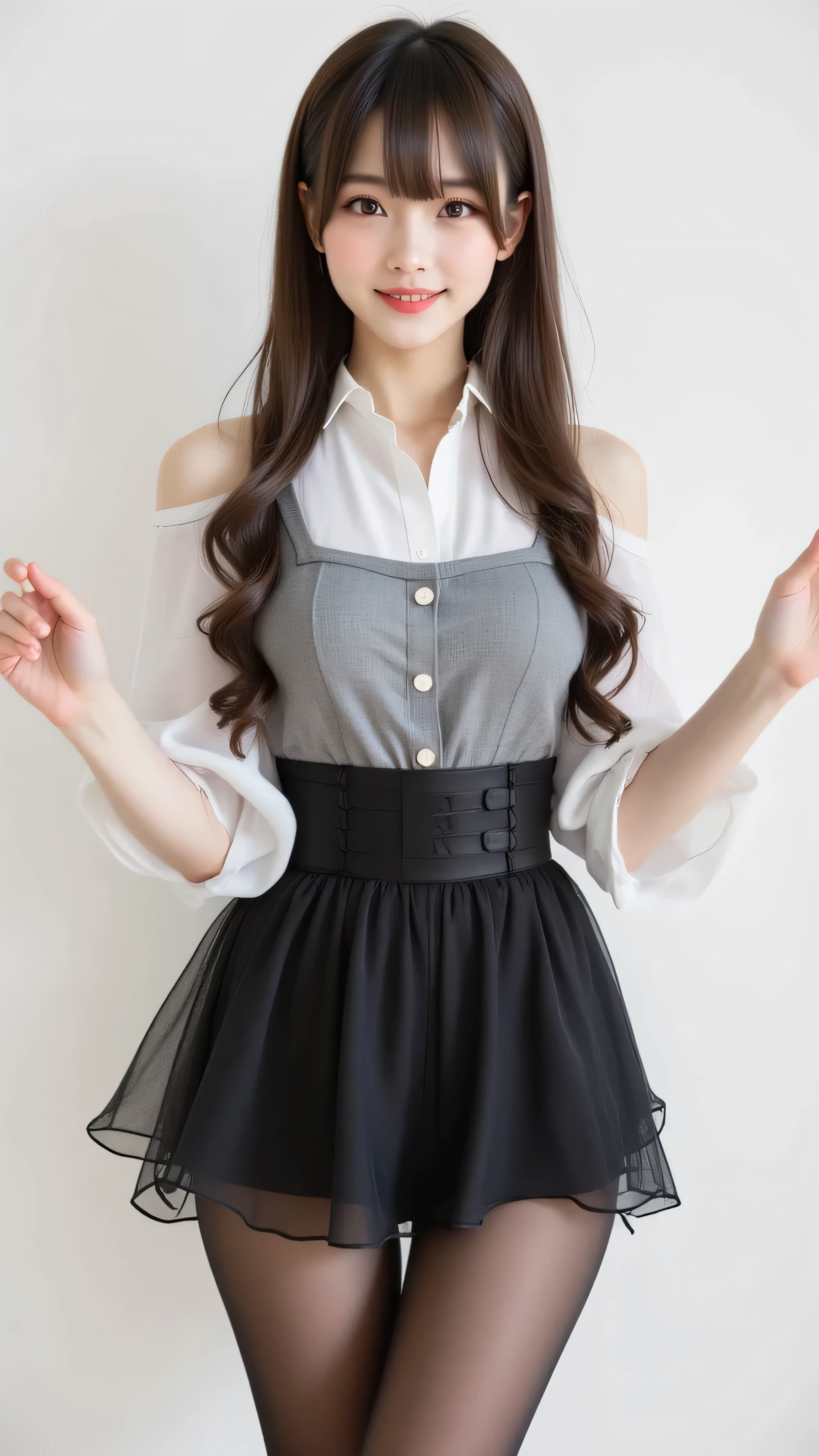 1girl,Pure Japanese Business Girl,open shoulders allure short dress, high heels, skirt for ears, (Panties and pantyhose), formal hairstyle, Formal Makeup, Striking large brown eyes, pure smile, is standing alluringly, Open Your , Sweet Temptation , professional portrait, Dazzling Summer Sun , 1 girl on break day, solo, long hair, high resolution, Look, high resolution, masterpiece, 解剖学的にaccurate, accurate, number々award for a solid gold bicycle , 最高quality, details, 高いdetails, HD model, quality, very detailsed, , textured skin, Super Fine, long hair, Bangs, 目の間のBangs, とてもlong hair, quick, 分け目のあるBangs, Fluttering Hair, Princess Cut, simple background, glitter effect, Blurred, blur background, スーパーdetailsな, スーパーdetails, alluring poses