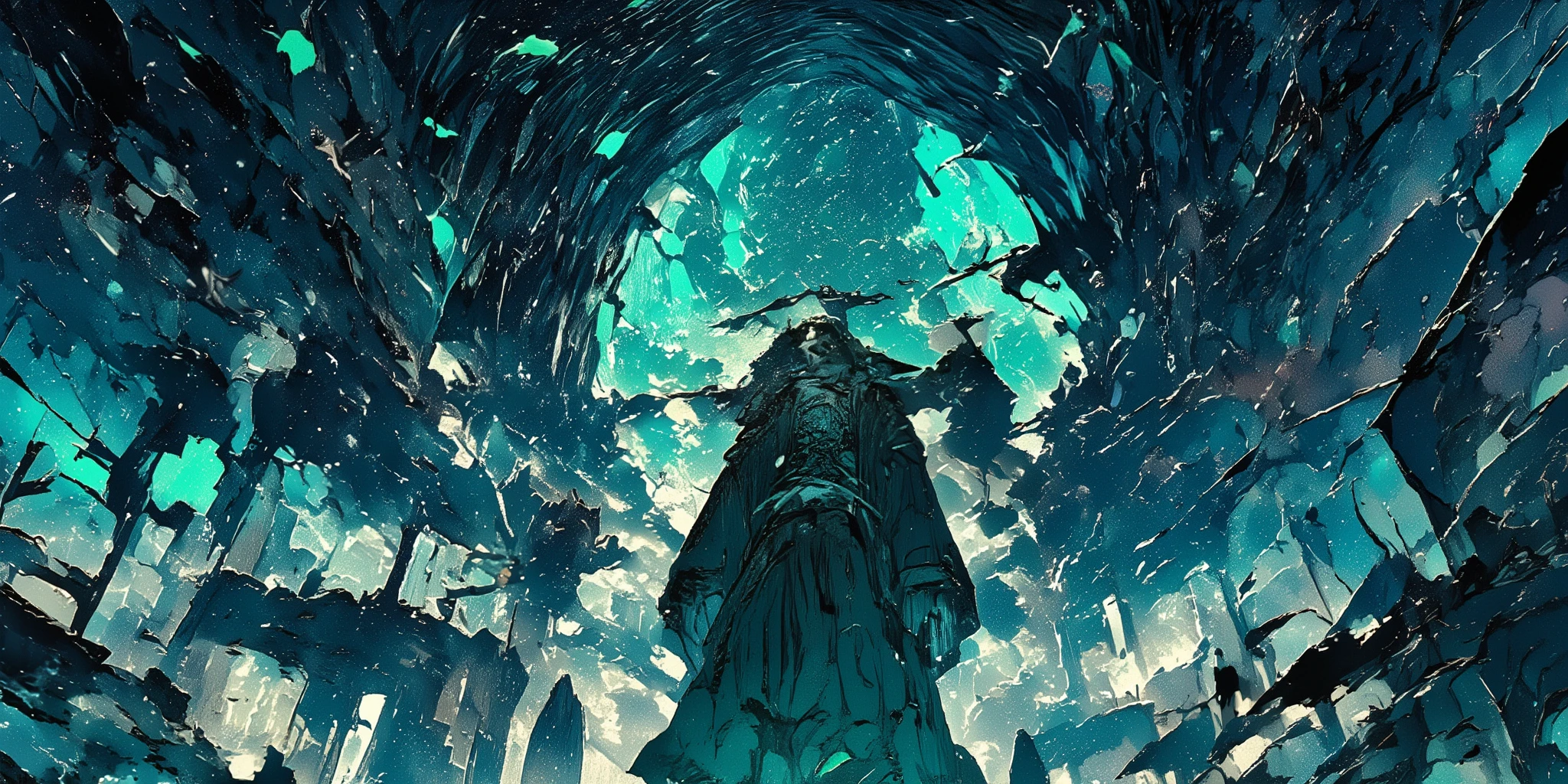 Ancient gothic castle shrouded in ethereal mist, floating spectral figures in tattered medieval robes drifting through crumbling stone arches, moonlight piercing through broken stained glass windows casting eerie shadows, ghostly blue-green luminescence emanating from the castle walls, gnarled dead trees surrounding the fortress, dramatic chiaroscuro lighting, cinematic atmosphere, highly detailed, dark fantasy art style