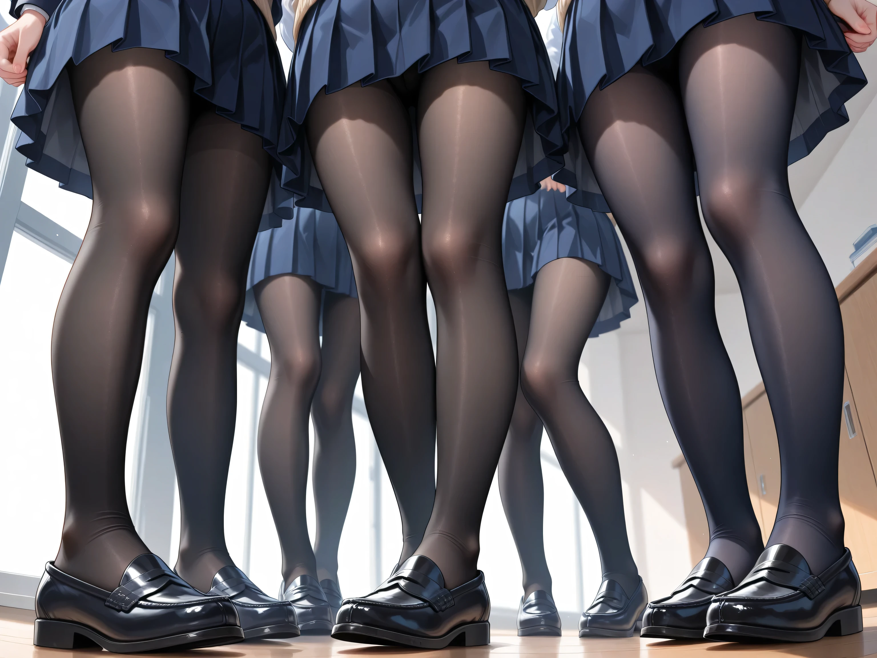 Group,lower body,Navy Blue Student Skirt ,Black Tights,Focus on Your Feet,loafers,angle from below,
