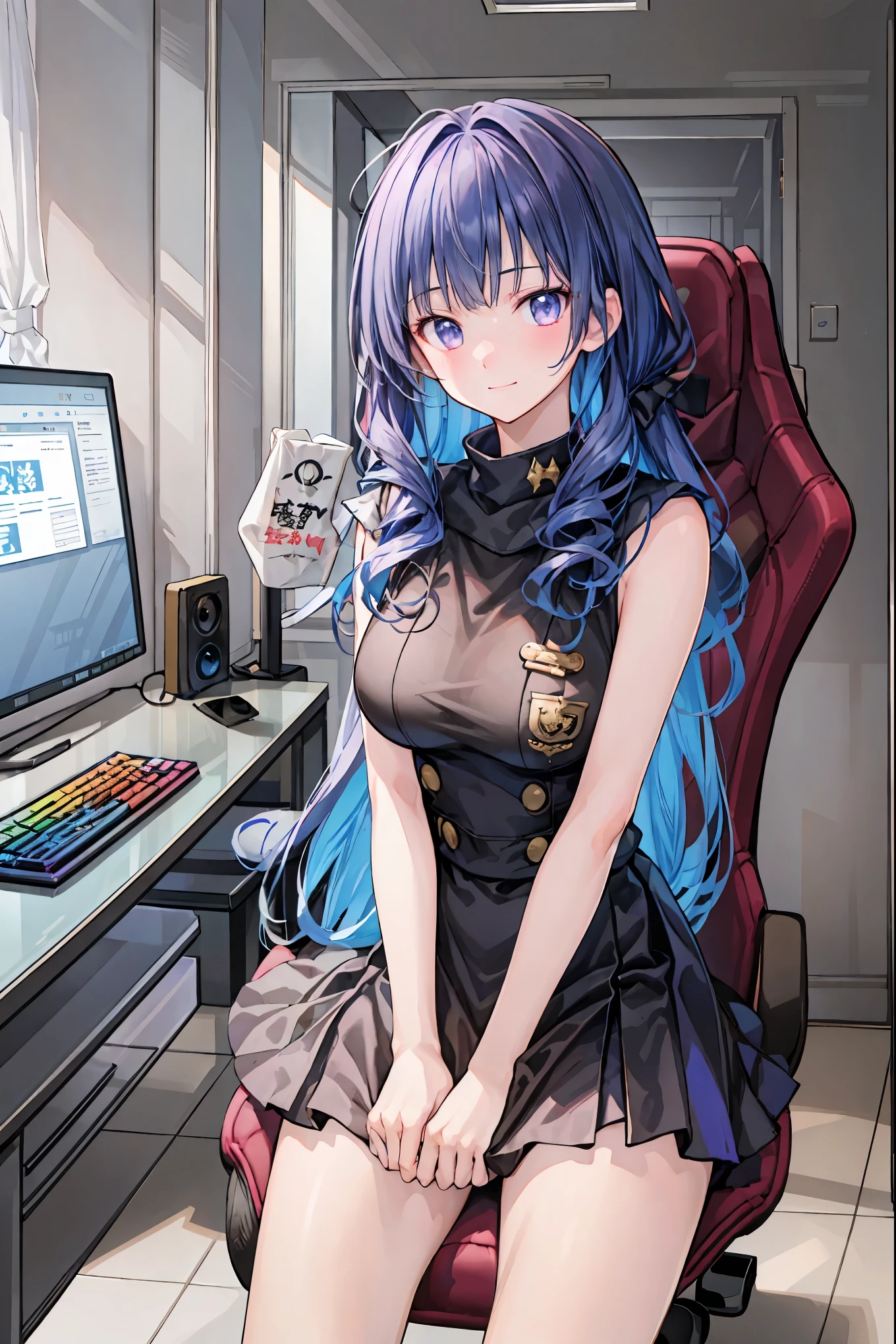 (((PRIVATE PC ROOM))),(((giant pc monitor))),(((multiple monitors))),((operate the keyboard女の子)),(Sweethacker),(((is putting a keyboard on her lap))),night,深night,((An amazing high school girl hacker)),(Hobbies),Holding candy,candy with a different color on one eye,ゲームのように network を突破する,(((PRIVATE PC ROOM))),(((giant pc monitor))),(((multiple monitors))),((operate the keyboard)),DIVERSE IN THE DIGITAL SPACE, smile fearlessly, 最High Quality, FACE FOCUS, soft lights, ウルトラhigh resolution, (photorealistic:1.4), ORIGINAL PICTURES, 1 Japanese girl, solo, cute, (pupil, individual eye light), Motorcycle Rocket Cowl Modification, (Tiny Chest),(人間の肌の質感high resolutionの詳細), (Boro Yado's Long Hair), Sit Couch, uniform, charcoal vest, skirt, (Upper Thigh), High Quality,4K,8K,high resolution,Masterpiece,Ultra Fine,real,フォトreal,HDR,UHD,studio lighting,EXTREME DETAIL DRAWING,Professional,bright colors,blur female hacker with a happy expression,Tight posture,Concentrated Expression,Candy in hand,MANIPULATE YOUR SCREEN LIKE A GAME,programming room interior,EXTREME DETAIL DISPLAY,EXTREME DETAIL DRAWING,typing speedy two hands,IMMERSE YOUR SCREEN,anime breaking through digital space,Digital Illustration,Cyberpunk, future, network