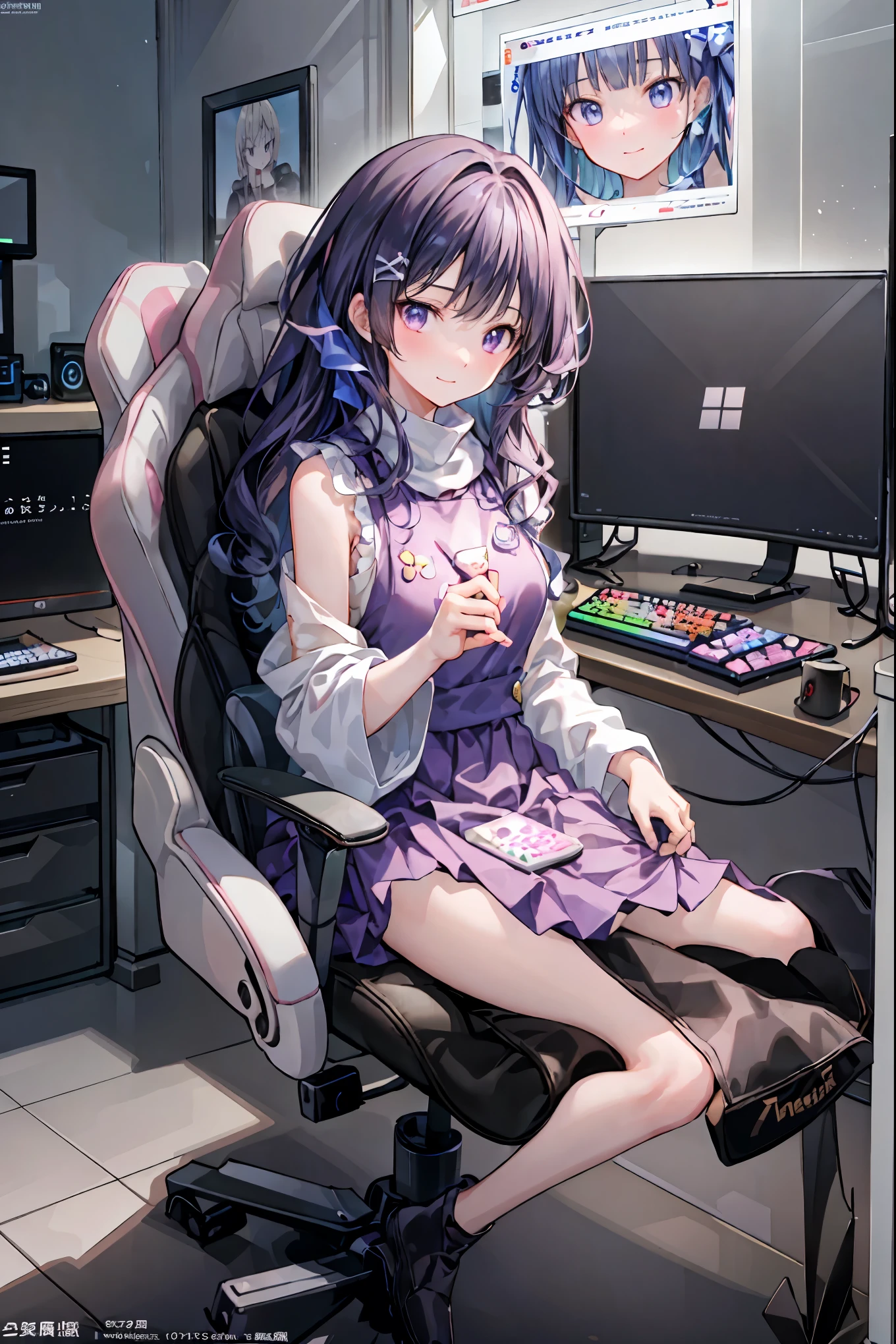 (((PRIVATE PC ROOM))),(((giant pc monitor))),(((multiple monitors))),((operate the keyboard女の子)),(Sweethacker),(((is putting a keyboard on her lap))),night,深night,((An amazing high school girl hacker)),(Hobbies),Holding candy,candy with a different color on one eye,ゲームのように network を突破する,(((PRIVATE PC ROOM))),(((giant pc monitor))),(((multiple monitors))),((operate the keyboard)),DIVERSE IN THE DIGITAL SPACE, smile fearlessly, 最High Quality, FACE FOCUS, soft lights, ウルトラhigh resolution, (photorealistic:1.4), ORIGINAL PICTURES, 1 Japanese girl, solo, cute, (pupil, individual eye light), Motorcycle Rocket Cowl Modification, (Tiny Chest),(人間の肌の質感high resolutionの詳細), (Boro Yado's Long Hair), Sit Couch, uniform, charcoal vest, skirt, (Upper Thigh), High Quality,4K,8K,high resolution,Masterpiece,Ultra Fine,real,フォトreal,HDR,UHD,studio lighting,EXTREME DETAIL DRAWING,Professional,bright colors,blur female hacker with a happy expression,Tight posture,Concentrated Expression,Candy in hand,MANIPULATE YOUR SCREEN LIKE A GAME,programming room interior,EXTREME DETAIL DISPLAY,EXTREME DETAIL DRAWING,typing speedy two hands,IMMERSE YOUR SCREEN,anime breaking through digital space,Digital Illustration,Cyberpunk, future, network