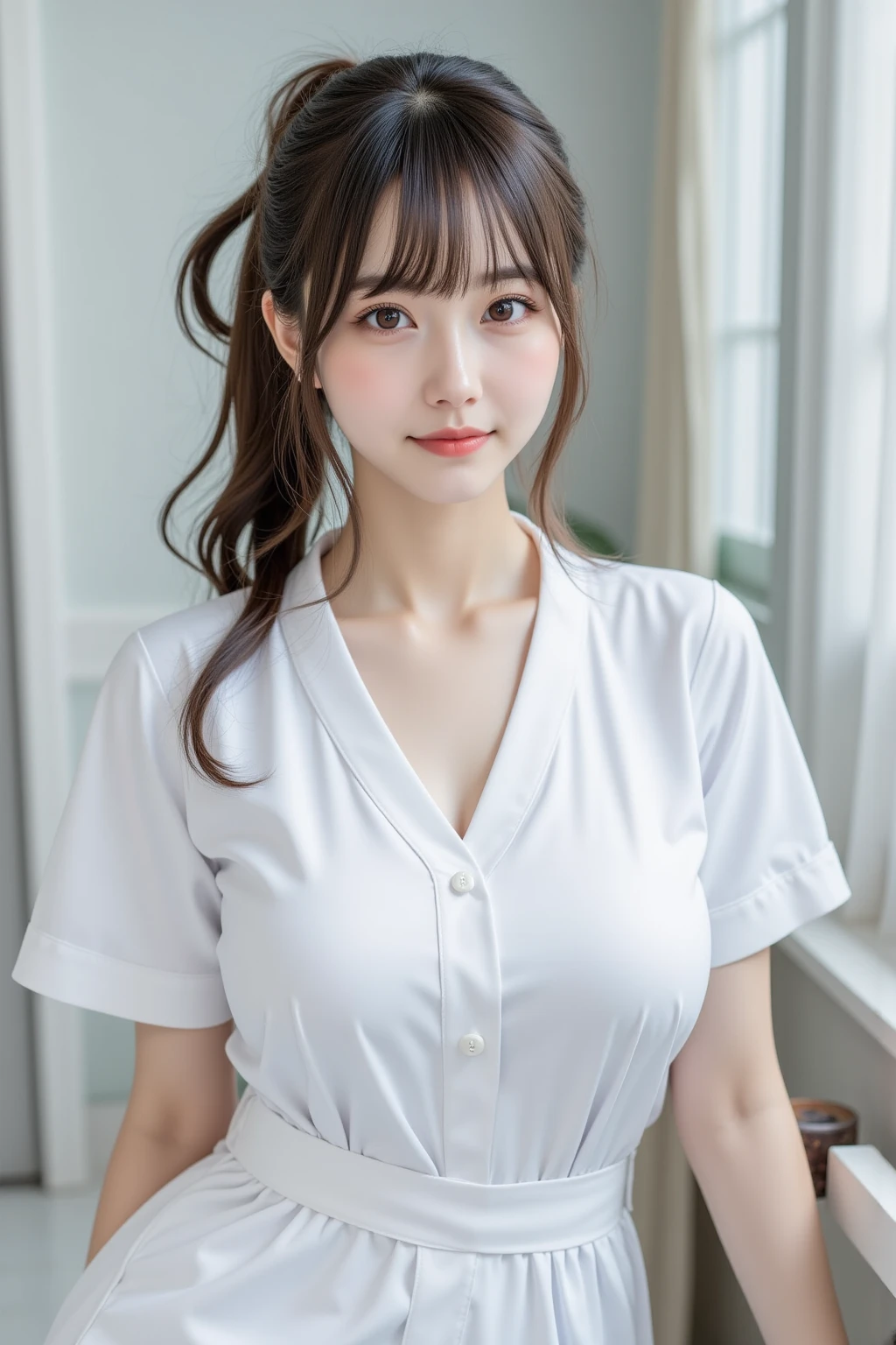 masutepiece, Best Quality, Illustration, Ultra-detailed, finely detail, hight resolution, 8K Wallpaper, Perfect dynamic composition, Beautiful detailed eyes, White nurse attire,Bob Hair, mid-, Natural Color Lip, Random and poses,Smile,20 years girl Colossal 、bath room、Water is flowing from the shower、White nurse cap