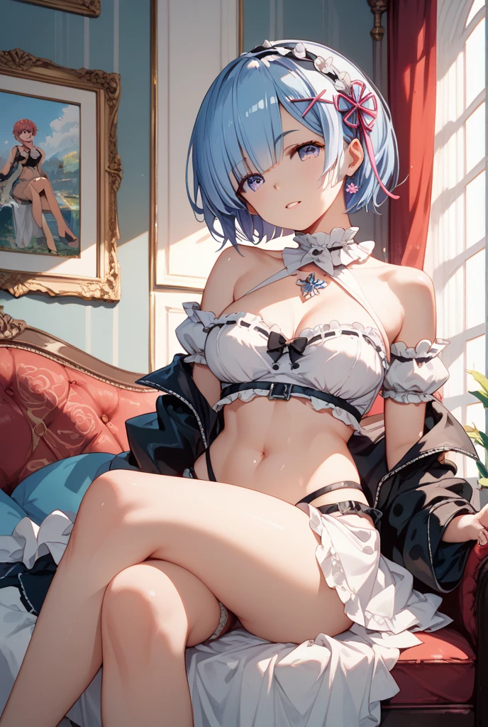 masterpiece, best quality, highres, ram1, 1girl, solo, rem \(re:zero\), blue hair, short hair, red eyes, hair over one eye, ribbon trim, hair ribbon, x hair ornament, frills, crop top white, denim shorts,, cleavage, wide sleeves, hair flower, indoors, sitting, crossed legs,