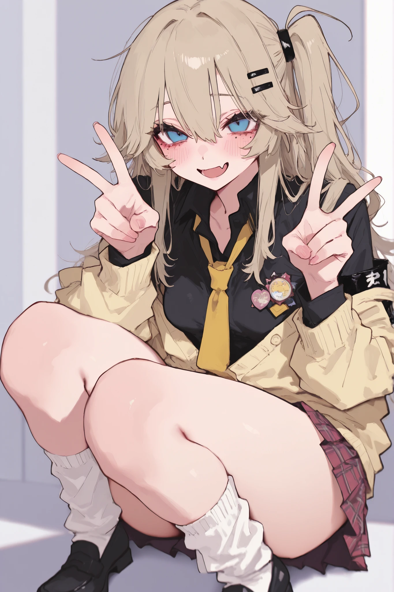 whnzz, enosan, masterpiece, high quality, best quality, detailed eyes, detailed hair, detailed skin, 8K, fine detail, (masterpiece:1.2, top quality), detailed background, masterpiece, Rutting Eyes, excessive soft breasts, aegyo sal, Masterpiece, Highest Quality, looking at man, solo, yoneyama mai, blurry, chromatic aberration, portrait, close-up, aegyo sal, whnzz, mnmbcstyle, five fingers, embarrassed, ((pastel color)), ((Kasukabe Tsumugi)), one side up, black hair clip, blue eyes, eyelashes, mole under eye, eyebrows visible through hair, nail polish, fang, shirt, black shirt, Yellow necktie, (4 band aids), (badge), loafers, Black armband, miniskirt, plaid skirt, thighs, white leg warmers, white loose socks, black shoes, small breasts, smile, (v sign), yellow cardigan, light brown hair, thick thighs, open mouth