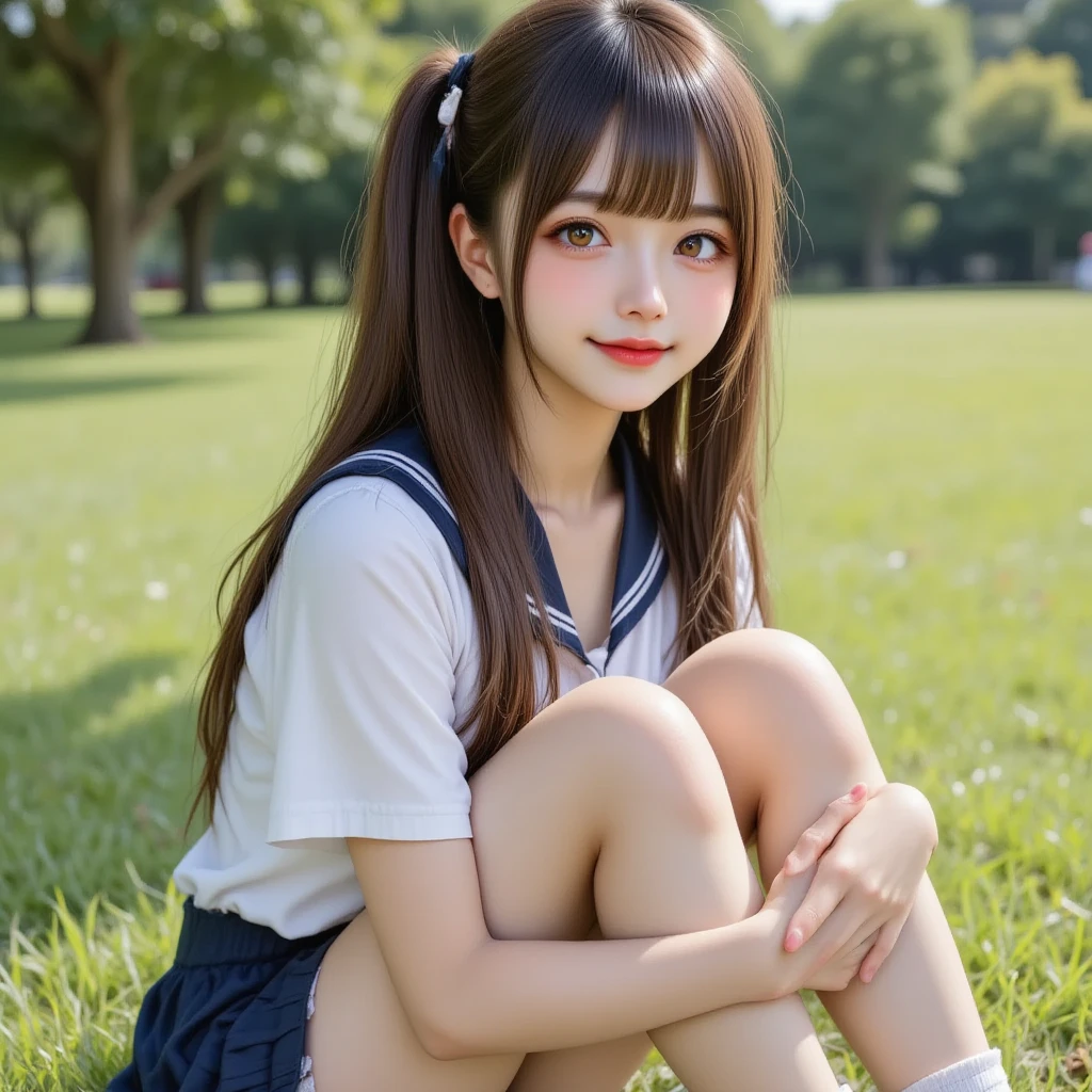two girls standing in the park,Plain white school gym shirt with navy blue trim,Navy blue speed briefs,Red headband,White headband,18-year-old,bangs,A small smile,Thighs,knees,Straight hair with barrette,From below,Front light, White panties visible through the skirt、((Lift the hem of the skirt with both hands to reveal the panties))、The simple cuteness of a celebrity-like face