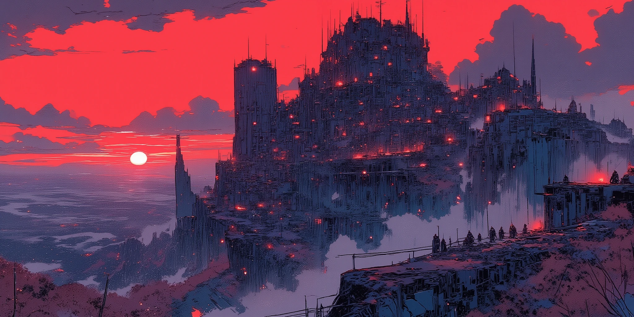 Enormous ruined castle atop a blood-stained plateau, crimson sunset sky bleeding into dark indigo clouds, spectral knights in tarnished armor patrolling moss-covered ramparts, flickering torches casting elongated shadows on cracked battlements, distant howls of unseen beasts, painterly realism with high contrast and saturated reds and purples