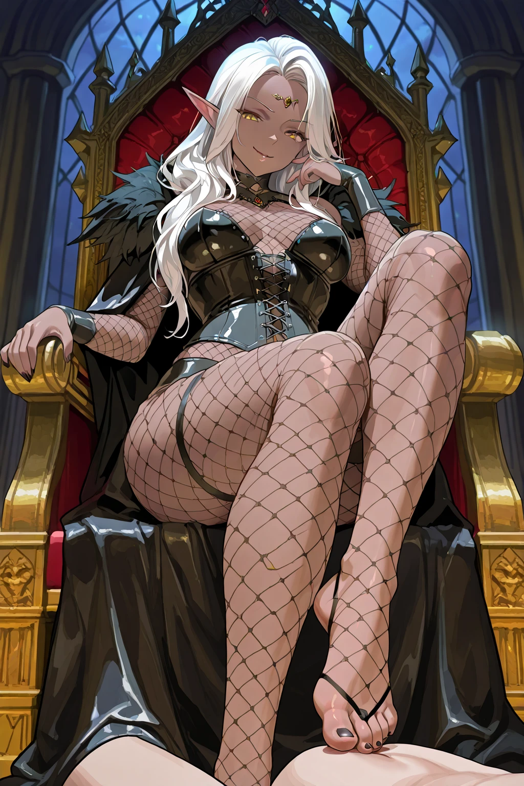 masterpiece, very aesthetic, best quality, absurdres, newest, solo,
<lora:ILBGMinthara:1>
BGMinthara, 1girl, white hair, hair bun, red eyes, pointy ears, gray skin, looking at viewer, sitting down, long legs, legs crossed, dark room, black stockings, foot towards viewer, sheer robe, lace bra, single light, low light