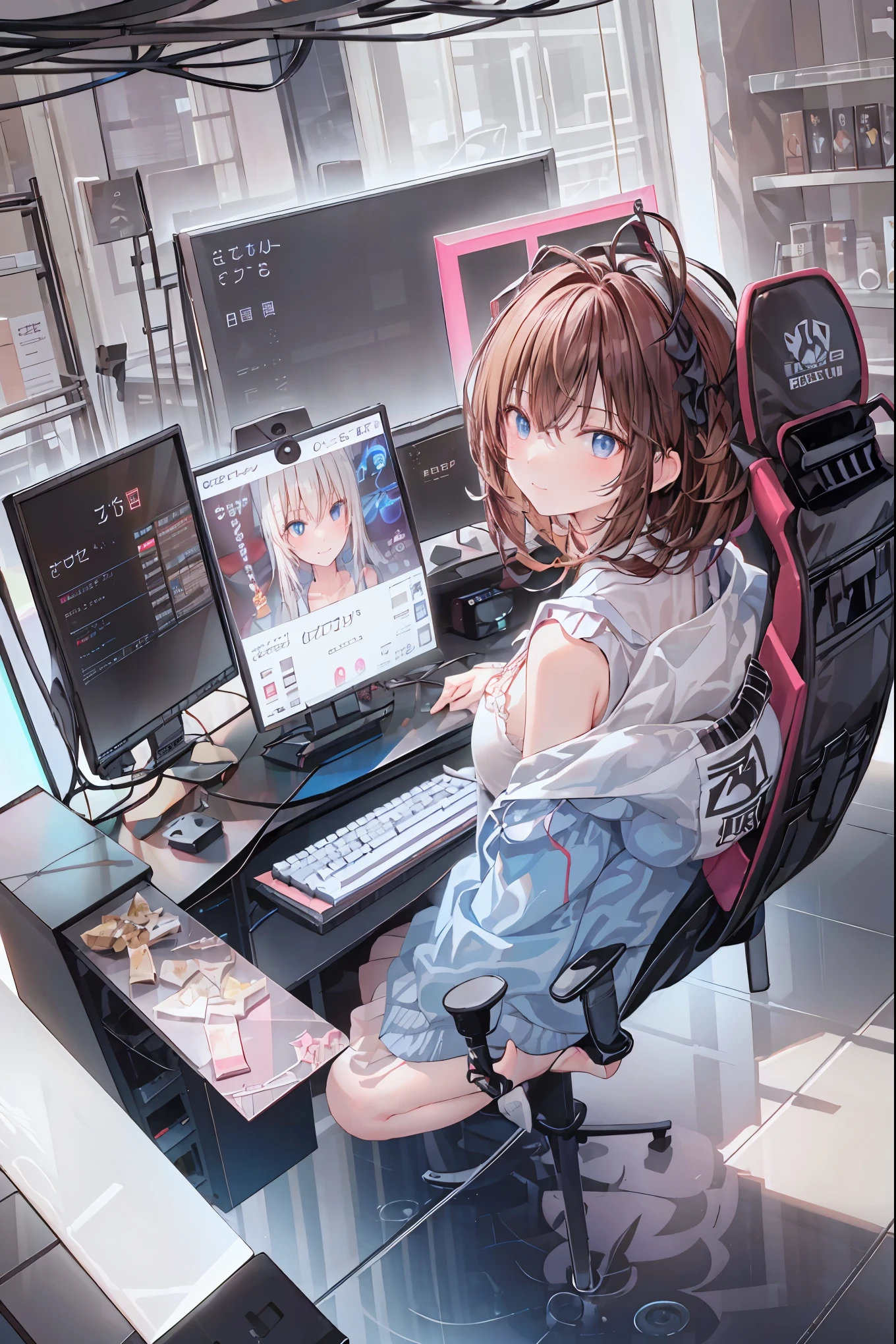 (((PRIVATE PC ROOM))),(((giant pc monitor))),(((multiple monitors))),((operate the keyboard女の子)),hacked,(Sweethacker),(((is putting a keyboard on her lap))),night,深night,((An amazing high school girl hacker)),brown hair,shortcuts,unkempt hair,Short braided hair,Neat,slender beauty,correct posture,small breasted,beautiful legs,Enchanting Gray-Blue Eyes Shine Like Stars,Saggy Eyes,Brilliant Colors,beautiful eyes,A delicate smile,Textured Skin,Best quality at its best,gentle and beautiful woman,anime style、(Hobbies),Holding candy,candy with a different color on one eye,ゲームのように network を突破する,(((PRIVATE PC ROOM))),(((giant pc monitor))),(((multiple monitors))),((operate the keyboard)),DIVERSE IN THE DIGITAL SPACE, smile fearlessly, 最High Quality, FACE FOCUS, soft lights, ウルトラhigh resolution, (photorealistic:1.4), ORIGINAL PICTURES, 1 Japanese girl, solo, cute, (pupil, individual eye light), Motorcycle Rocket Cowl Modification, (Tiny Chest),(人間の肌の質感high resolutionの詳細), (Boro Yado's Long Hair), Sit Couch, uniform, charcoal vest, skirt, (Upper Thigh), High Quality,4K,8K,high resolution,Masterpiece,Ultra Fine,real,フォトreal,HDR,UHD,Studio Lighting,EXTREME DETAIL DRAWING,Professional,Brilliant Colors彩,blur female hacker with a happy expression,Tight posture,Concentrated Expression,Candy in hand,MANIPULATE YOUR SCREEN LIKE A GAME,programming room interior,EXTREME DETAIL DISPLAY,EXTREME DETAIL DRAWING,typing speedy two hands,IMMERSE YOUR SCREEN,anime breaking through digital space,Digital Illustration,Cyberpunk, future, network