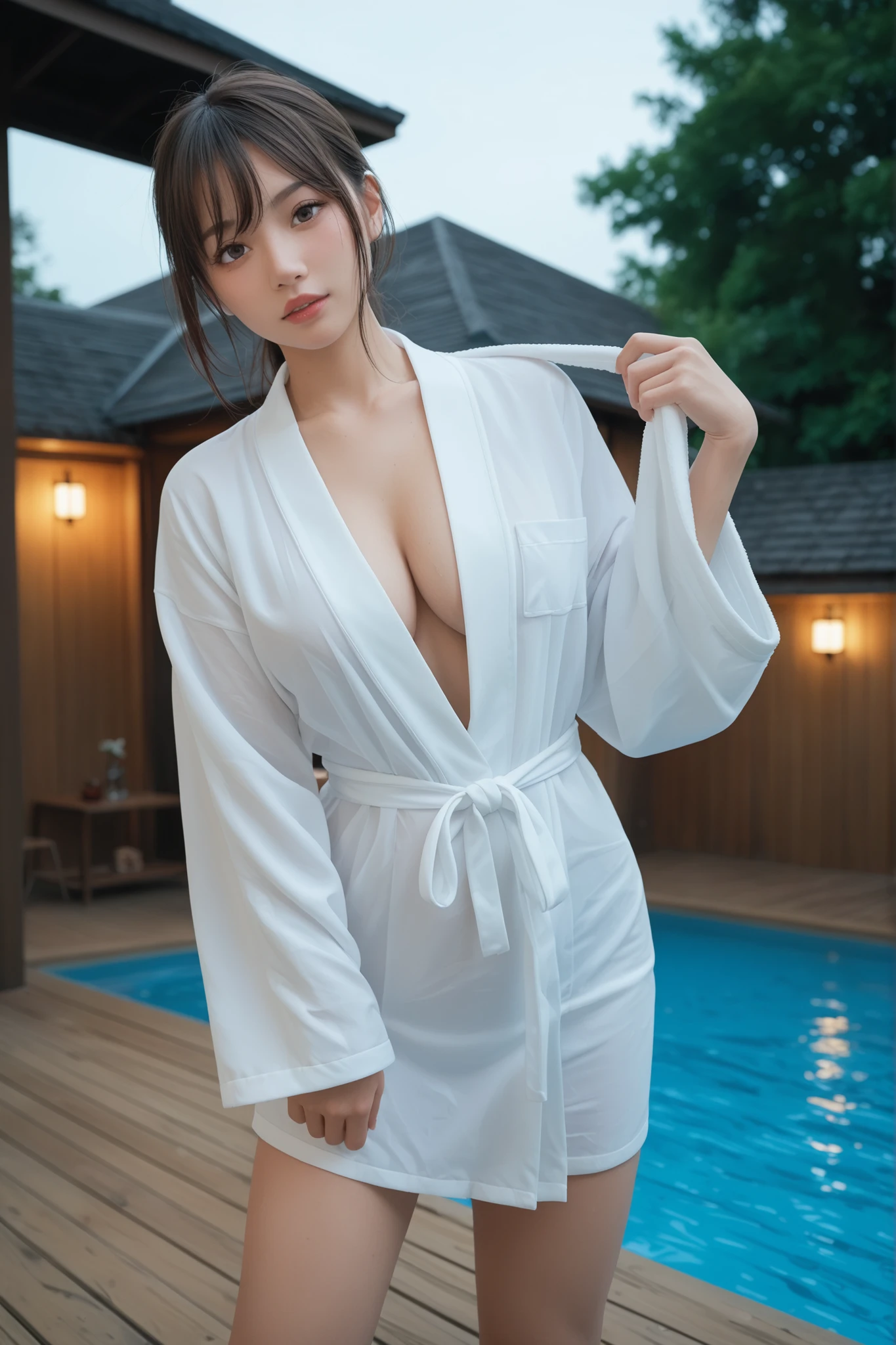 Japanese woman wearing a white bathrobe、poolside、sexy pose 、big boobs、 charming figure 、wet body