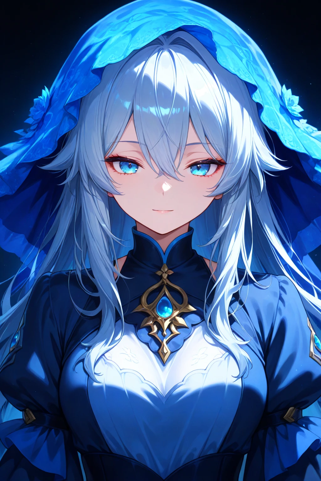 White hair girl, white dress with blue, bright blue eyes