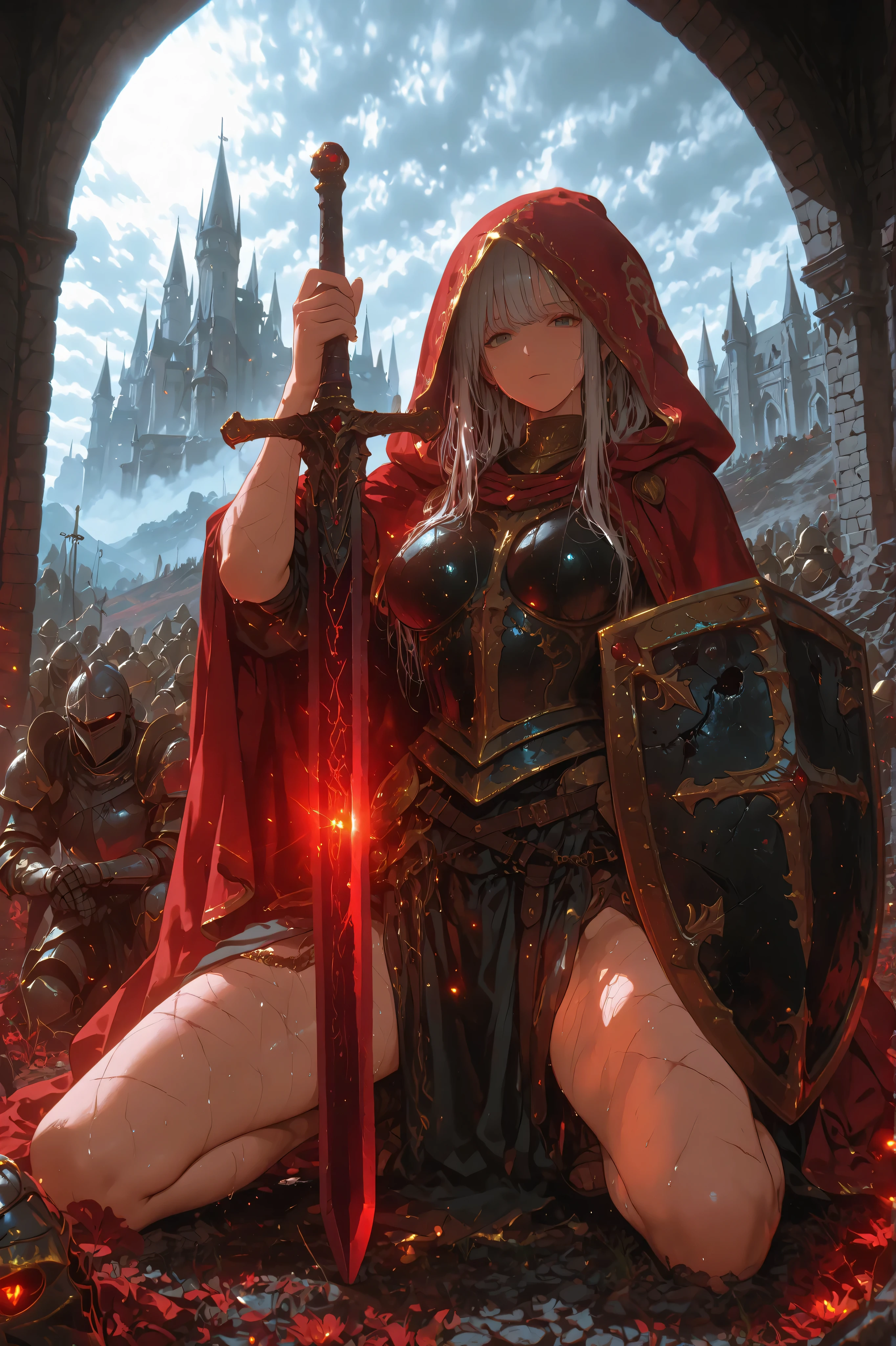 8k, fantasy world, female character, 1girl, Full of scars full metal heavy armor, (full armor:1.3), slender body, large chests, bare legs, Hooded cape in ultramarine with gold embroidery, semi-long hairstyle, thin gray hair, many items, (many adventures), cinematic lighting, dramatic atmosphere, intricate details, vivid colors, fantasy landscape, medieval castle, digital art, kneeling, spread legs, holding a long sword, equip a large shield, looking at viewer, sweaty, midday, cowboy shot, expressionless,
