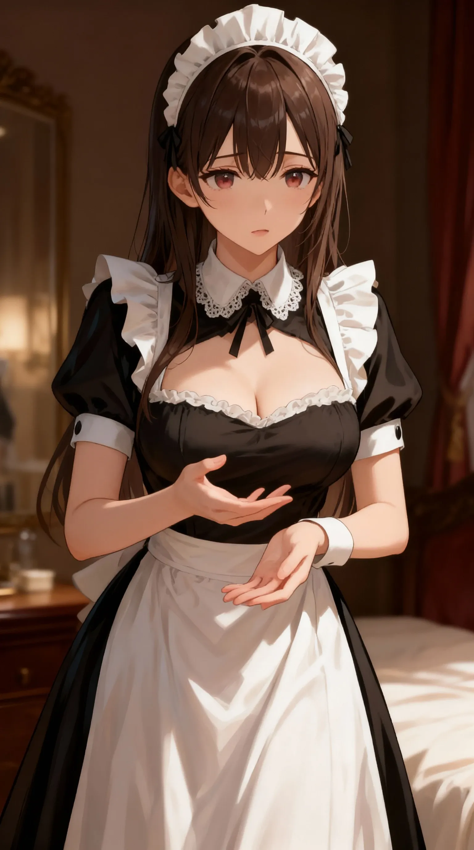 girl masterpiece、Super detailed, highest quality、photorealistic stick、 1 girl、Marquis' daughter、Sharp eyes、bulging face、white skin、plump body、、(cleavage)、((Breastfeed))、Super  that are very soft and sway、「Even the 3,000 beauties of the inner palace fade... their rich hair、flower-like face」、long dress for aristocrats, puffy sleeves, full hem，fluffy ruffles、lace material、clavicle、maid apron, maid headdress, cowboy shot, blush, upward glance、Bruises and gestures、cute、Anyway it's cute、So absurdly cute, Bedroom,
