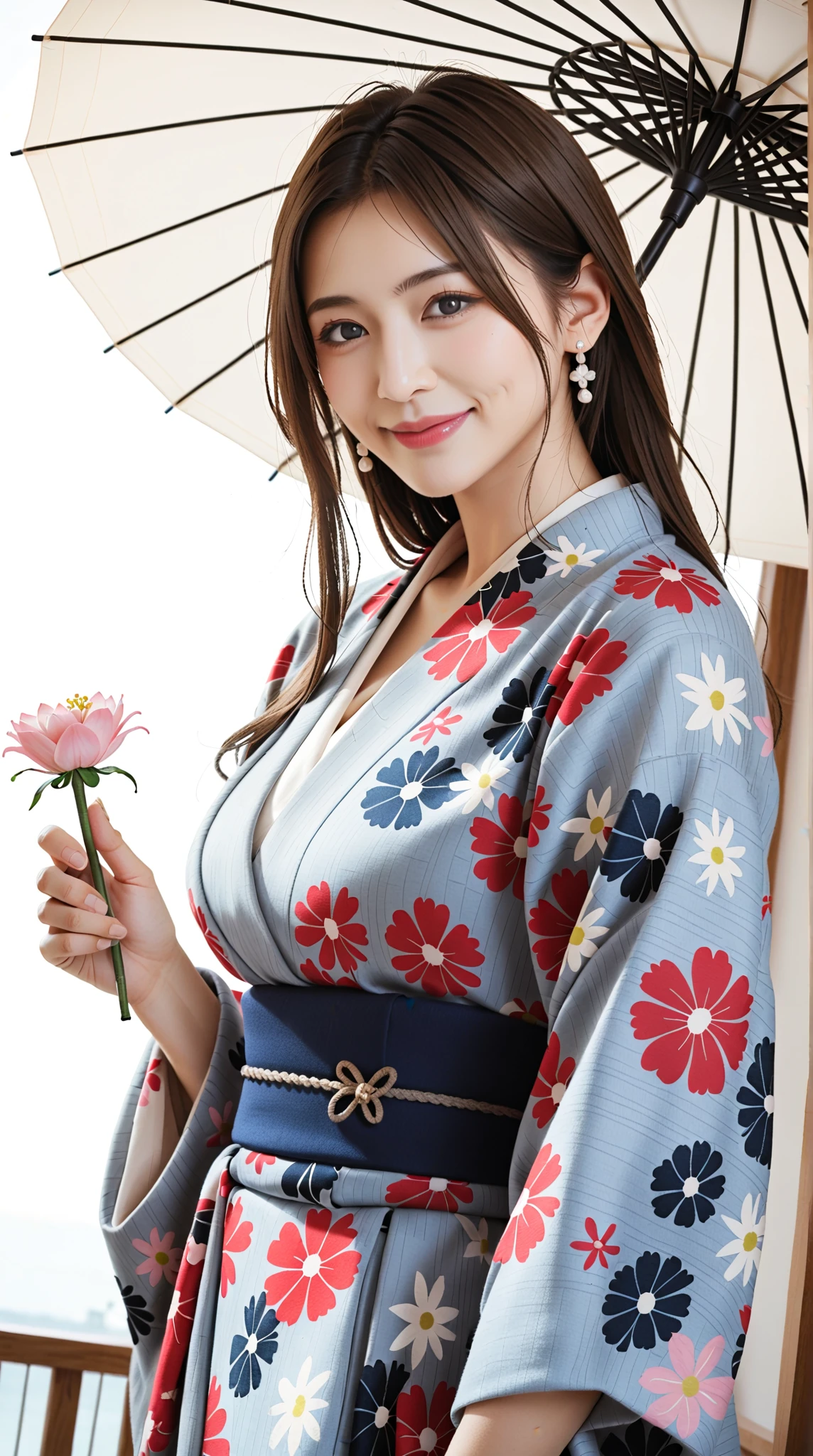 ((Masterpiece, highest quality, super definition, high resolution)), Solo, Beautiful Girl, Shining Eyes, Perfect Eyes, Beautiful Older Sister of Japan, Large Yukata, Cleavage, Yukata with Red Floral Pattern, Night Fireworks in the Background, High Quality, 4K.