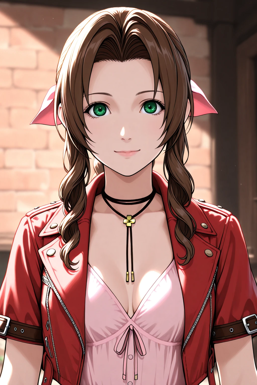 masterpiece, best quality, newest, absurdres, highres, source_anime, 
BREAK, 
expressive eyes, perfect face, cinematic lighting, high definition, eyesHD, high gradient eyes, high definition eyes, 
BREAK, 
1girl, aerith gainsborough, long hair, sidelocks, ponytail, brown eyes, braided ponytail, pink hair bow, choker, necklace, cropped jacket, red jacket, short sleeves, pink dress, upper body, cleavage, looking at viewer, night sky, cityscape, smile