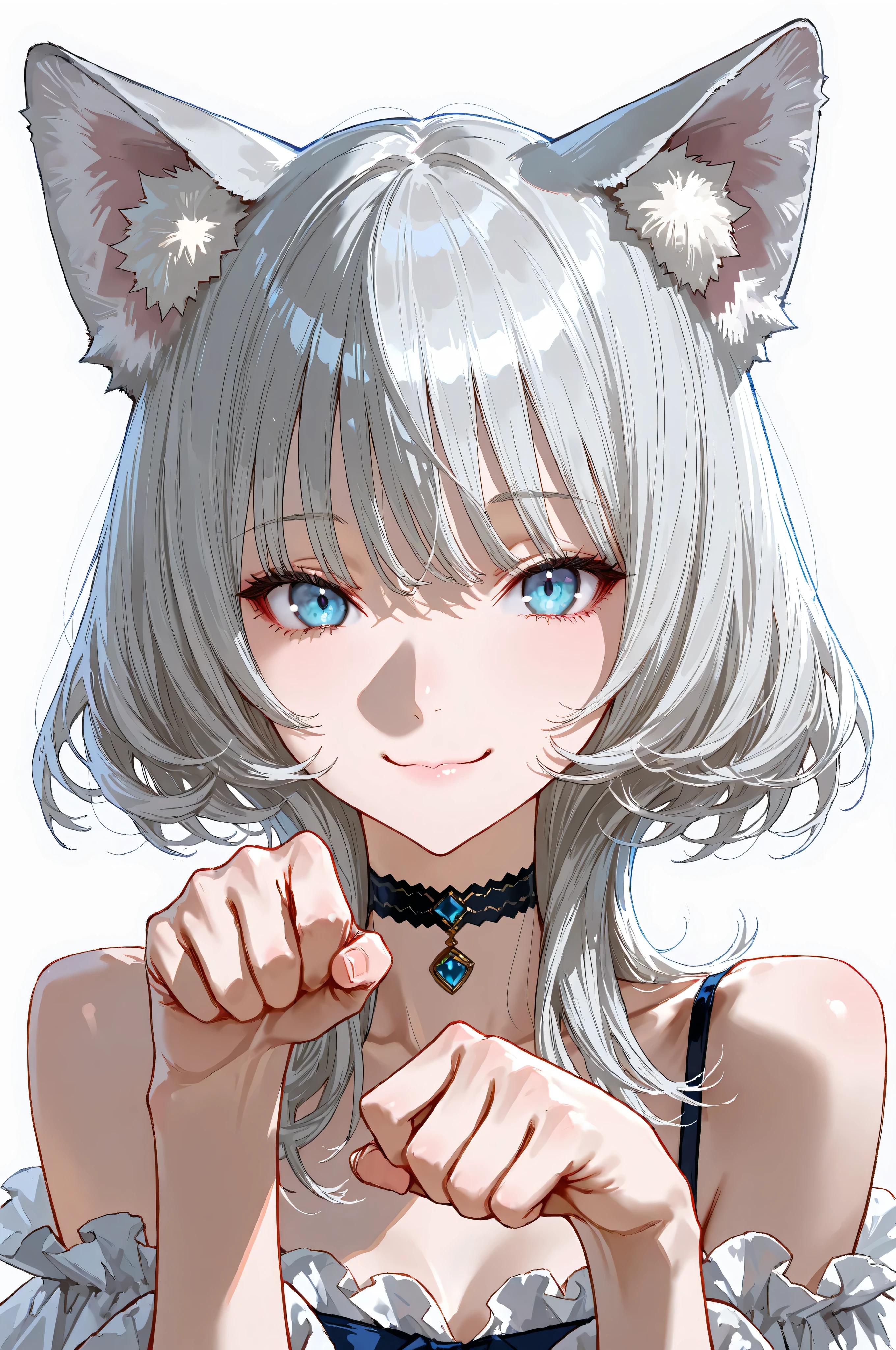 (8k, Highest Quality, masterpiece: 1.2),upper body,dynamic pose, Silver Hair、sharp and intelligent blue eyes,tallでスラリとした体型、Graceful and graceful appearance,Mens Medium Hair,smooth hair,tall,smiling,cat pose,
detailed character design, characters noble fantasy setting.,high quality illustration,Cat ears,do not interfere unless the choker,wolf cut hairstyle