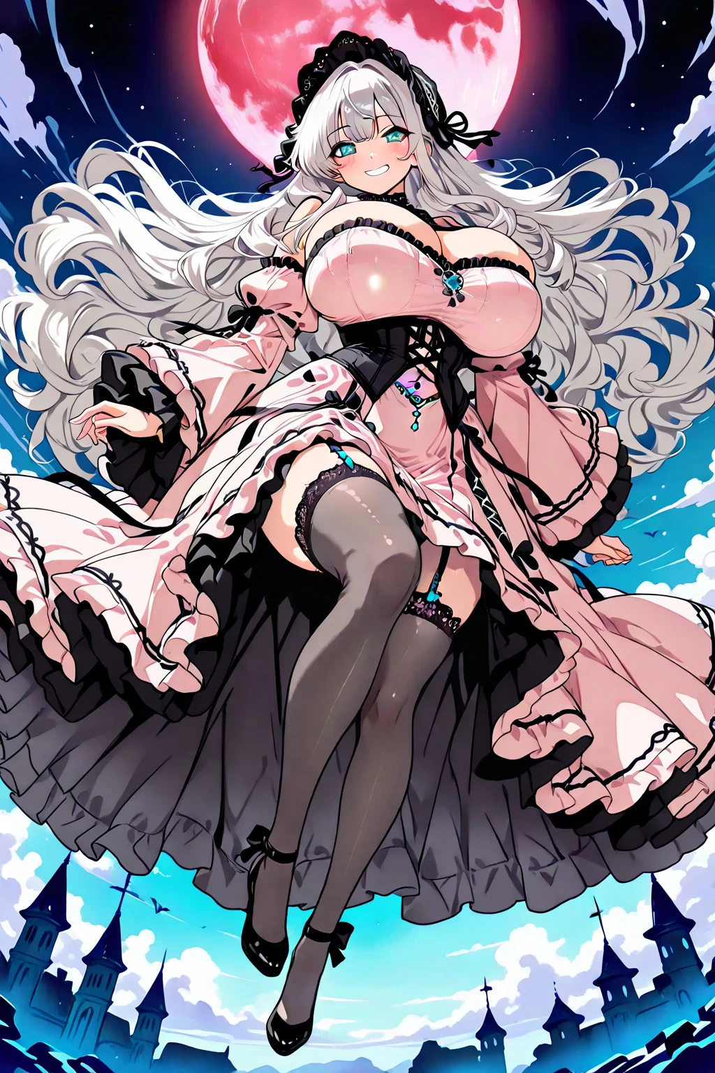 masterpiece, Highest quality, Curvaceous, Wide waist, lips,、Perfect for your skin、Micro Dress、blonde、Muchimuchi、Pink Mesh、smile、Compensate、Exposing breasts、Precious stones,Knee-high socks、Long gloves,Knee-high socks、Long gloves