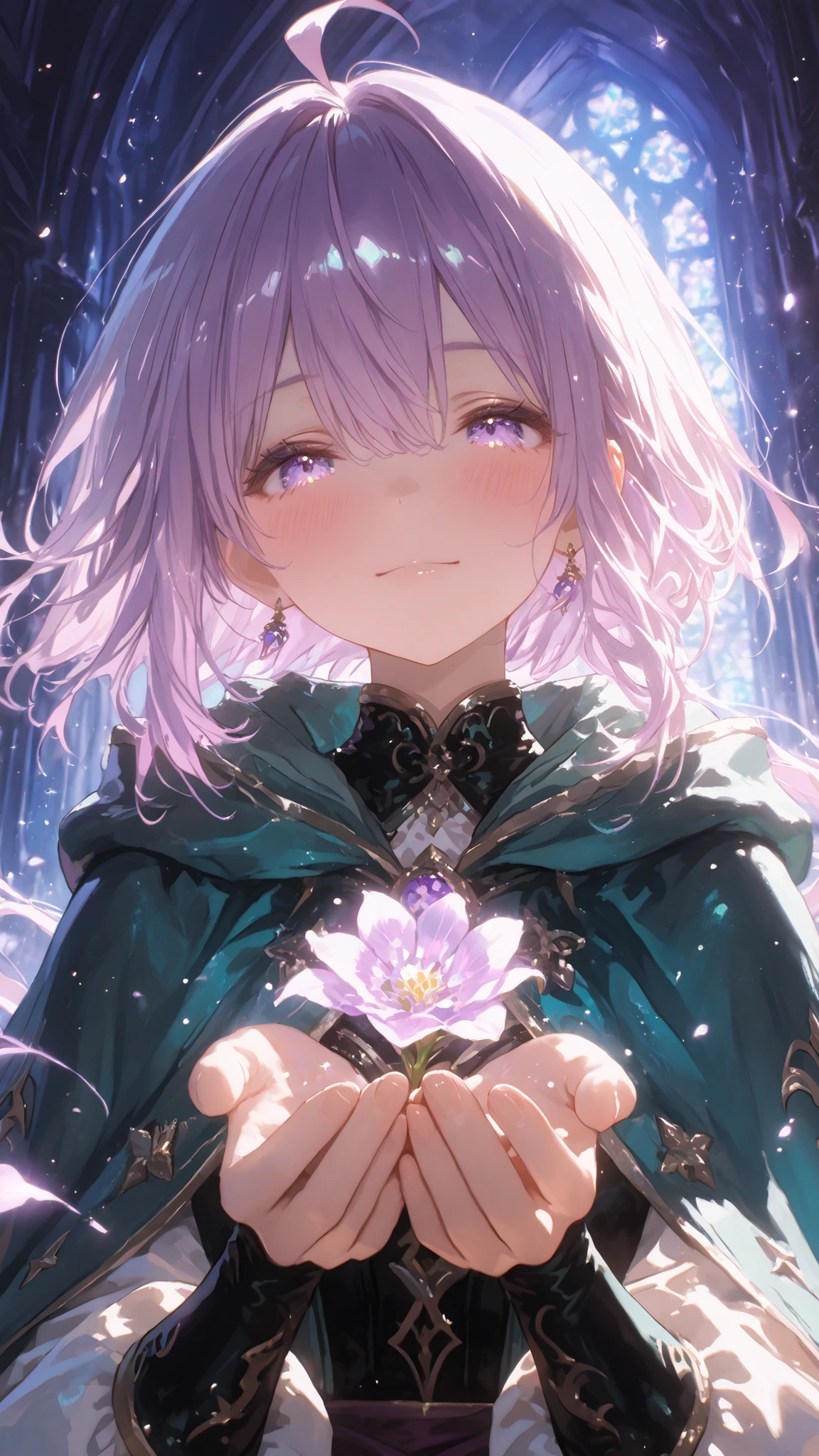 (masterpiece, detailed:1.2), best quality, highres, fantasy, emotional lighting, magical atmosphere, soft focus, cinematic composition,
a beautiful young sorceress wearing a deep green cloak and skirt, black tights, long flowing purple hair with an ahoge, amethyst eyes, blushing cheeks, sparkling smile, close-up upper body, wind gently swaying her hair and cloak, cupping her hands together as radiant magical light blooms like flowers from her palms, soft glow illuminating her face, ethereal particles floating in the air, fantasy lighting, detailed fabric texture, gentle yet powerful aura, warm and dreamy tones.