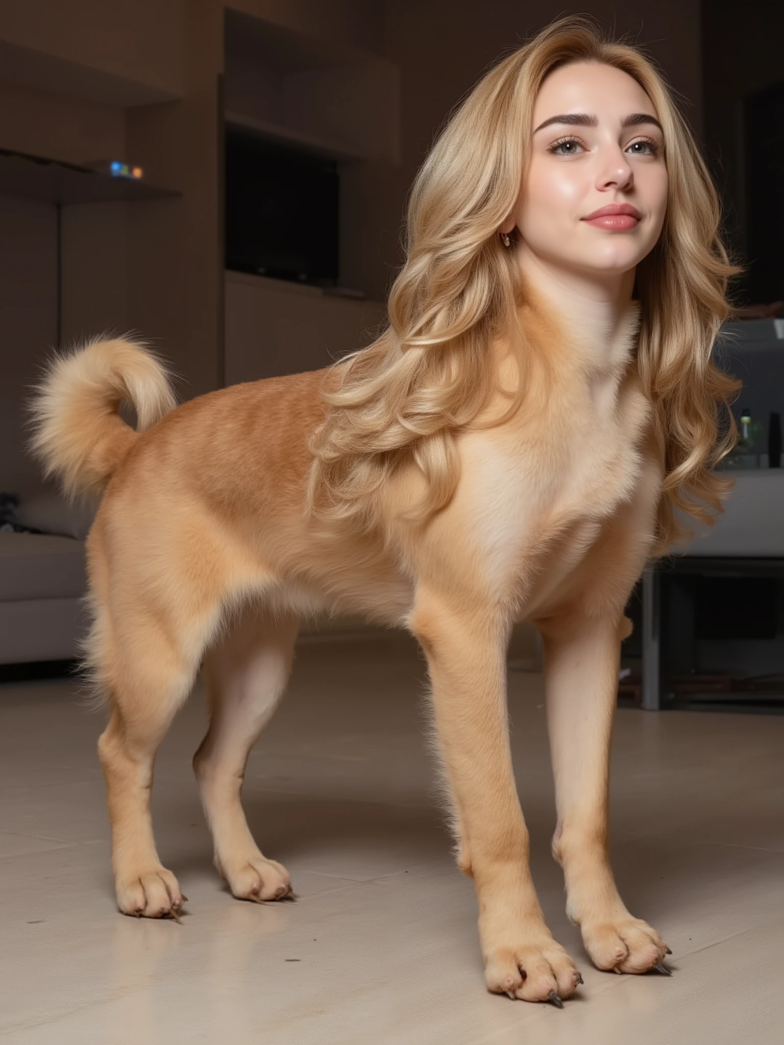 (masterpiece, high quality, high resolution hairstyle, hyperrealistic photograph), Majestic female anthropomorphic dog, hybrid creature standing on the ground on its four legs, humanized canine anatomy in an elegant posture, beautiful female face with delicate features, long, silky blond hair that falls on the shoulders, canine ears that crown their head, bright and expressive canine eyes, body completely covered with soft and shiny fur, long and graceful tail moving to maintain balance, height proportional to an adult woman, defined canine muscles under the coat, proud and elegant posture, Flirty and happy. Modern home interior, LED lighting that creates defined shadows and dramatic contrasts, detailed realistic textures, perfect details of hair and skin, 8K, professional lighting , balanced composition, depth of field