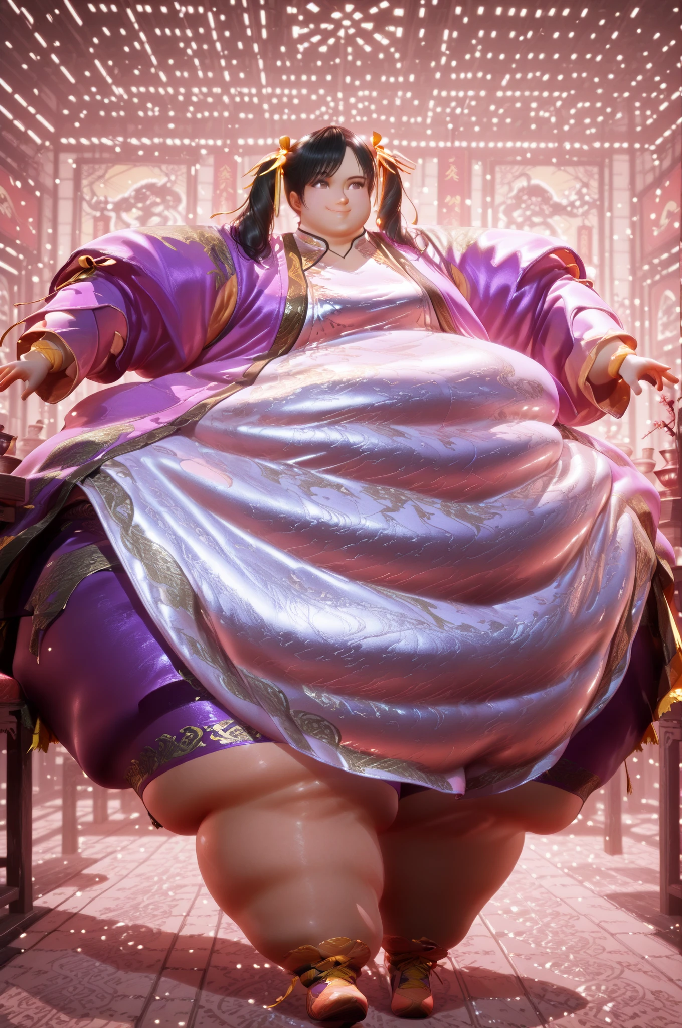 1 girl, masterpiece, solo, best quality, retro art style, 1980s/(style/),Ling Xiaoyu, long hair, black hair, twin tails, brown eyes, Asian, shirt, long sleeves, hair ornament, ribbon, hair ribbon, open clothes, shorts, open jacket, purple jacket, purple  shorts, Chinese clothes, short dress, bike shorts, China dress, yellow ribbon, hyper fat, hyper obese, full body, smile, indoors, restaurant, dynamic angle, action pose