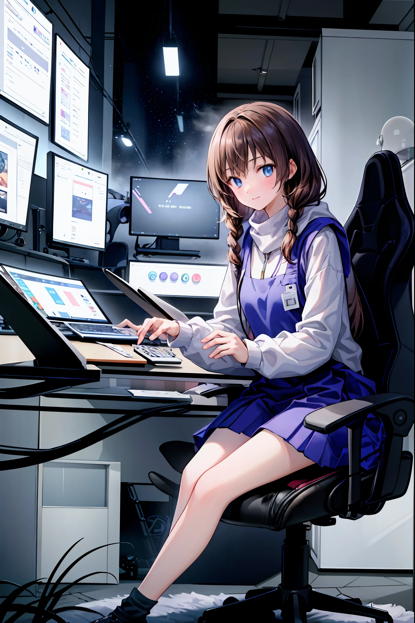 (((PRIVATE PC ROOM))),(((giant pc monitor))),(((multiple monitors))),((operate the keyboard女の子)),Depict the keyboard accurately,hacked,(スイートhacker),(((is putting a keyboard on her lap))),hacker, Multi Display, Complex image displayed on a modern PC display that glows blue, complicated image displayed on a display, hitting the keyboard in the foreground,Dark Room, night,深night,((凄腕の女子高生hacker)),brown hair,shortcuts,unkempt hair,Short braided hair,Neat,slender beauty,correct posture,small breasted,beautiful legs,Enchanting Gray-Blue Eyes Shine Like Stars,Saggy Eyes,Brilliant Colors,beautiful eyes,A delicate smile,Textured Skin,Best quality at its best,gentle and beautiful woman,anime style、(Hobbies),Holding candy,candy with a different color on one eye,ゲームのように network を突破する,(((PRIVATE PC ROOM))),(((giant pc monitor))),(((multiple monitors))),((operate the keyboard)),DIVERSE IN THE DIGITAL SPACE, smile fearlessly, 最High Quality, FACE FOCUS, soft lights, ウルトラhigh resolution, (photorealistic:1.4), ORIGINAL PICTURES, 1 Japanese girl, solo, cute, (pupil, individual eye light), Motorcycle Rocket Cowl Modification, (Tiny Chest),(人間の肌の質感high resolutionの詳細), (Boro Yado's Long Hair), Sit Couch, uniform, charcoal vest, skirt, (Upper Thigh), High Quality,4K,8K,high resolution,Masterpiece,Ultra Fine,real,フォトreal,HDR,UHD,Studio Lighting,EXTREME DETAIL DRAWING,Professional,Brilliant Colors彩,ボケ 幸せな表情の女性のhacker,Tight posture,Concentrated Expression,Candy in hand,MANIPULATE YOUR SCREEN LIKE A GAME,programming room interior,EXTREME DETAIL DISPLAY,EXTREME DETAIL DRAWING,typing speedy two hands,IMMERSE YOUR SCREEN,anime breaking through digital space,Digital Illustration,Cyberpunk, future, network