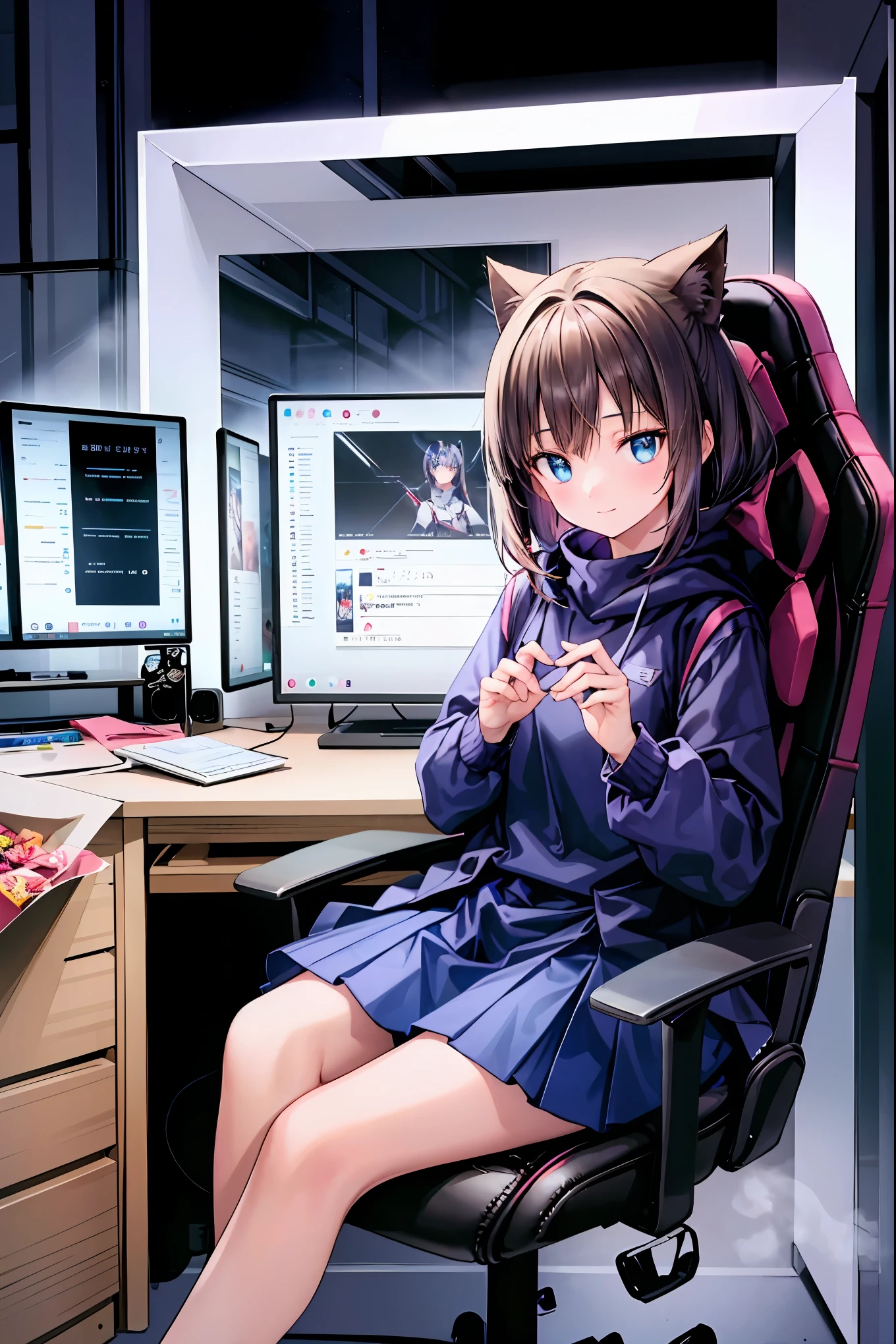 (((PRIVATE PC ROOM))),(((giant pc monitor))),(((multiple monitors))),((operate the keyboard女の子)),Depict the keyboard accurately,hacked,(スイートhacker),(((is putting a keyboard on her lap))),hacker, Multi Display, Complex image displayed on a modern PC display that glows blue, complicated image displayed on a display, hitting the keyboard in the foreground,Dark Room, night,深night,((凄腕の女子高生hacker)),brown hair,shortcuts,unkempt hair,Short braided hair,Neat,slender beauty,correct posture,small breasted,beautiful legs,Enchanting Gray-Blue Eyes Shine Like Stars,Saggy Eyes,Brilliant Colors,beautiful eyes,A delicate smile,Textured Skin,Best quality at its best,gentle and beautiful woman,anime style、(Hobbies),Holding candy,candy with a different color on one eye,ゲームのように network を突破する,(((PRIVATE PC ROOM))),(((giant pc monitor))),(((multiple monitors))),((operate the keyboard)),DIVERSE IN THE DIGITAL SPACE, smile fearlessly, 最High Quality, FACE FOCUS, soft lights, ウルトラhigh resolution, (photorealistic:1.4), ORIGINAL PICTURES, 1 Japanese girl, solo, cute, (pupil, individual eye light), Motorcycle Rocket Cowl Modification, (Tiny Chest),(人間の肌の質感high resolutionの詳細), (Boro Yado's Long Hair), Sit Couch, uniform, charcoal vest, skirt, (Upper Thigh), High Quality,4K,8K,high resolution,Masterpiece,Ultra Fine,real,フォトreal,HDR,UHD,Studio Lighting,EXTREME DETAIL DRAWING,Professional,Brilliant Colors彩,ボケ 幸せな表情の女性のhacker,Tight posture,Concentrated Expression,Candy in hand,MANIPULATE YOUR SCREEN LIKE A GAME,programming room interior,EXTREME DETAIL DISPLAY,EXTREME DETAIL DRAWING,typing speedy two hands,IMMERSE YOUR SCREEN,anime breaking through digital space,Digital Illustration,Cyberpunk, future, network