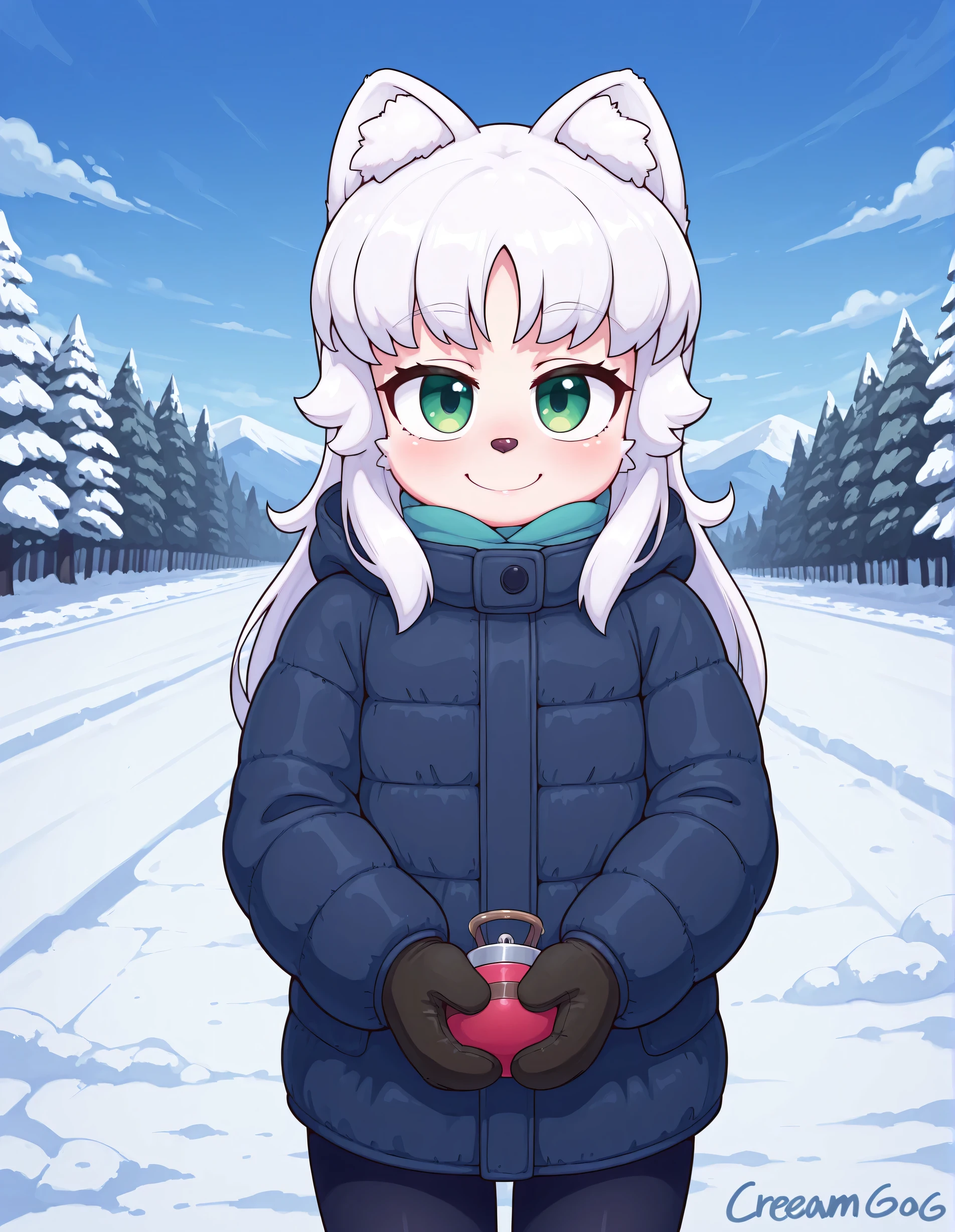 ,, anime, is unique, break, فتاة ثعلب smallة, Slim and weak, (small,cute:0.5), green eyes, looking at the viewer, long hair, white hair, A smile , winter clothes, in the open air, winter,
