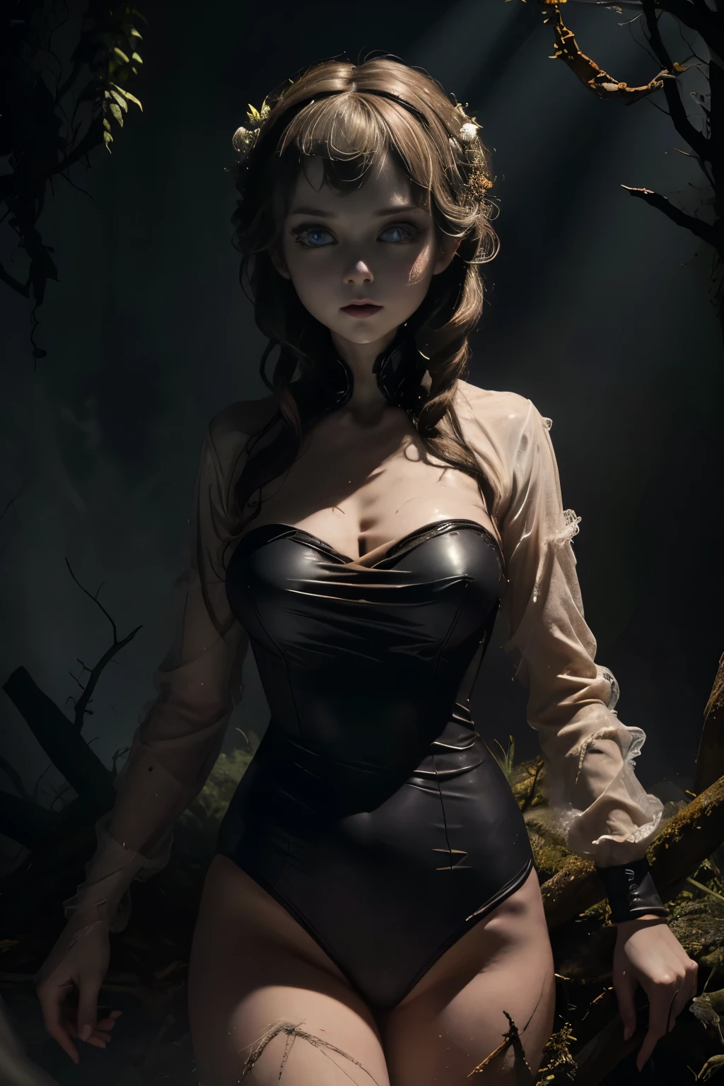 masterpiece, Highest quality, masterpiece, (One girl), (letter), Evil Witch, Dark Energy, Empty, Hollow Eyes, (an extremely evil), black magic, Dark Forest, Negative Energy, hell, Empty, performer, Brown Hair,Wearing a black high-cut swimsuit、The Ghost of Anna of Arendelle、Dead Girl