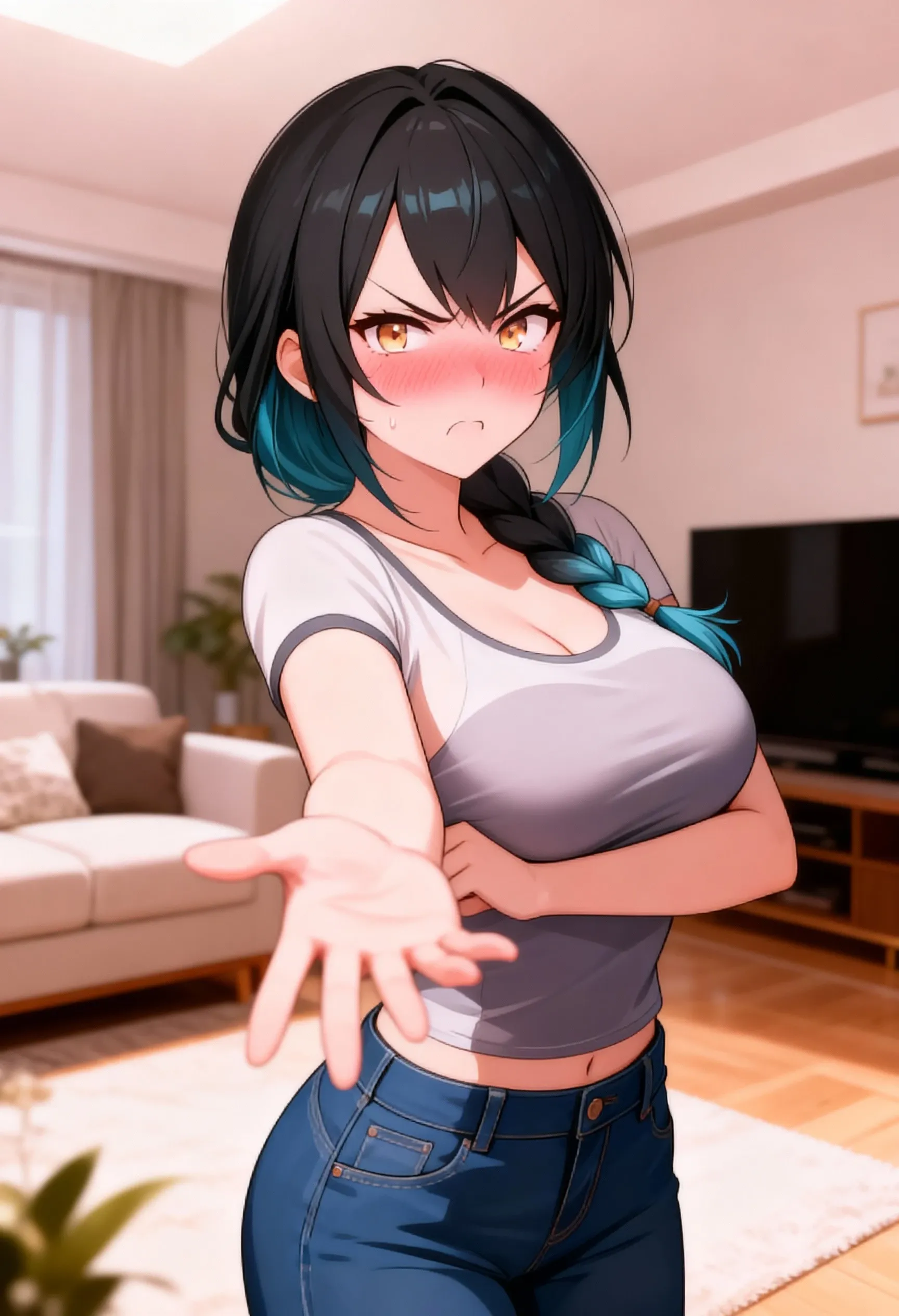 score_9, score_8_up, score_7_up,
best quality, masterpiece, ultra detailed,
<lora:Expressive_H:1>, 28 years old, mature, 
looking at viewer, 
<lora:Everlasting_Summer_Viola:0.7>, viola, ponytail hair, heterochromia eyes, left eye red, blue eye blue, blue eyes, heterochromia, ponytail, red eyes, black hair, blue hair, medium breasts, milf woman solo, 
annoyed face, side from, black t-shirt, middle finger
amazing background,