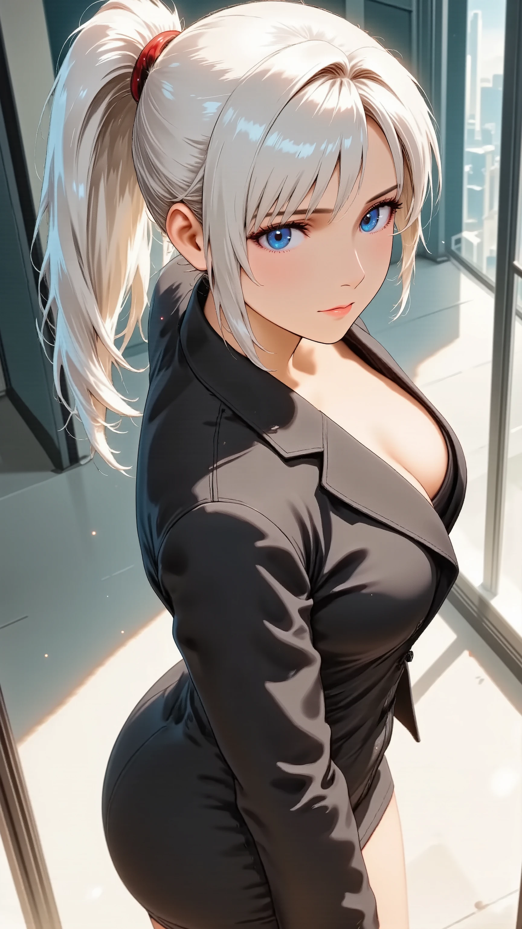 Full body high angle shot of a professional anime woman in a commanding pose. Sleek ponytail hairstyle. Confident expression. Bold red lipstick and refined makeup. Suit jacket and pencil skirt. Modern office building background. Vertical (9:16).