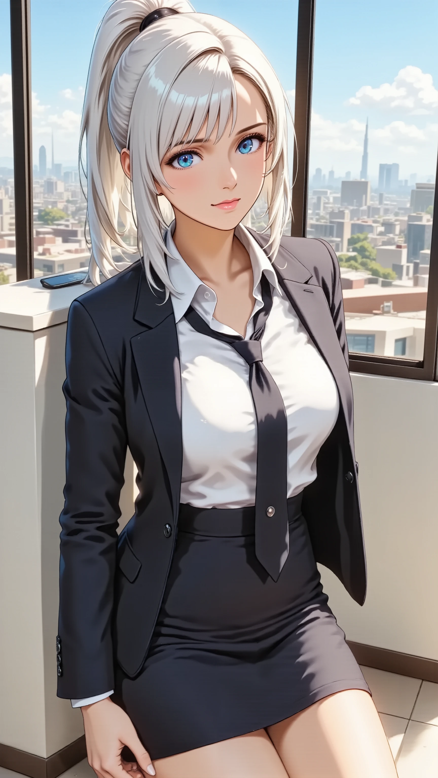 Full body high angle shot of a professional anime woman in a commanding pose. Sleek ponytail hairstyle. Confident expression. Bold red lipstick and refined makeup. Suit jacket and pencil skirt. Modern office building background. Vertical (9:16).