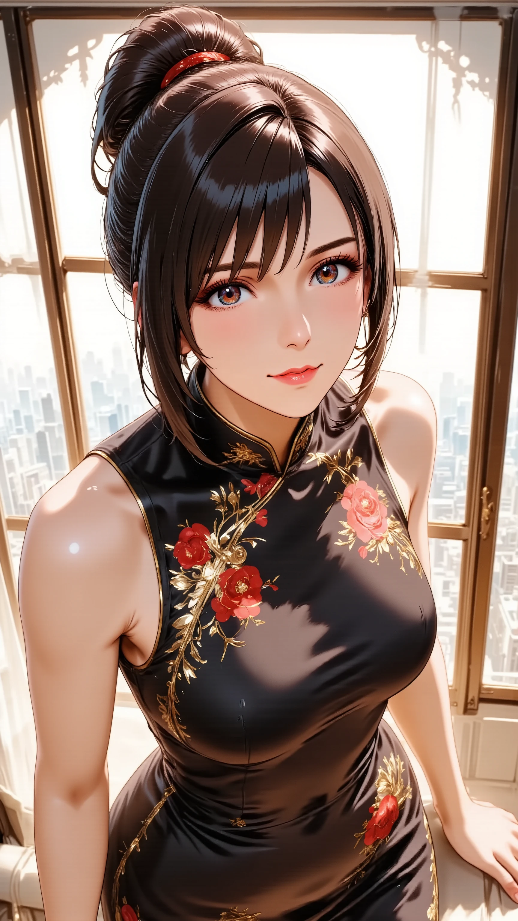Full body high angle shot of a professional anime woman in a commanding pose, Sleek ponytail hairstyle, Confident expression, Bold red lipstick and refined makeup, light smile, Wearing Cheongsam