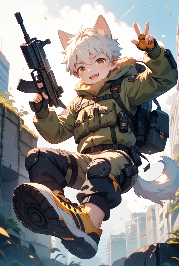 White Wolf，male，juvenile，Off-white fur，black hair，Sky blue eyes，hairy，Wolf ears，Wolf Tail，Black combat uniform，Black body armor，Short sleeve，arm，Holding a gun，aim，Black shorts，Expose calves，foot，Red neck bib，wind，Highest quality