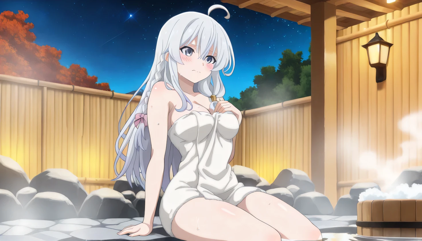 {{{masterpiece}}}, (best quality:1.5), (ultra-detailed:1.5), {illustration}, {{an extremely delicate and beautiful}}, (beautiful detailed eyes:1.2), absurdres, highres, extremely detailed face, 16k, hd, visual anime de uma jovem mulher, extremamente bonito rosto de anime, anime melhor garota, (perfect hands, perfect anatomy), anime face, elaina (majo no tabitabi), elainchar, 1girl, solo, cute face, long hair, white hair, ahoge, hair between eyes, sidelocks, pink bow, single braid, ribbon on braid, yellow hair clip, square face, pointed chin, (big eyes:0.9), blue eyes, medium breasts, big hips, curvaceous, BREAK, 1girl, (soft bust:1.2), (natural breasts), (cleavage between breasts), (Slender body shape), (naked towel), Hide your breasts with a bath towel, emphasize the chest, thighs, sitting, (view audience:1.2), (Warm up in a hot spring), wet hair, (shortcut), (white skin), white beautiful skin, wet skin, (blush:1.2), (embarrassed expression), (Soak in a hot spring:1.3), (Soak up to your waist in hot springs:1.5), shy, (deep hot spring), (big hot spring bath:1.2), (open-air bath), (steam:1.2), (Blur the background a lot to make the woman stand out:1.3), (night sky), (starry sky), orange garden lights, Running lights