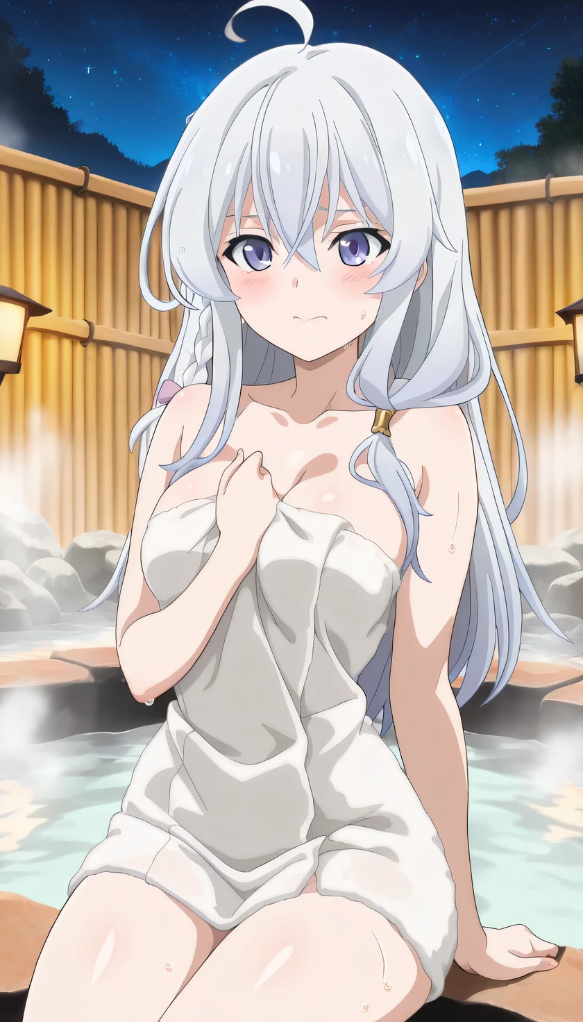{{{masterpiece}}}, (best quality:1.5), (ultra-detailed:1.5), {illustration}, {{an extremely delicate and beautiful}}, (beautiful detailed eyes:1.2), absurdres, highres, extremely detailed face, 16k, hd, visual anime de uma jovem mulher, extremamente bonito rosto de anime, anime melhor garota, (perfect hands, perfect anatomy), anime face, elaina (majo no tabitabi), elainchar, 1girl, solo, cute face, long hair, white hair, ahoge, hair between eyes, sidelocks, pink bow, single braid, ribbon on braid, yellow hair clip, square face, pointed chin, (big eyes:0.9), blue eyes, medium breasts, big hips, curvaceous, BREAK, 1girl, (soft bust:1.2), (natural breasts), (cleavage between breasts), (Slender body shape), (naked towel), Hide your breasts with a bath towel, emphasize the chest, thighs, sitting, (view audience:1.2), (Warm up in a hot spring), wet hair, (shortcut), (white skin), white beautiful skin, wet skin, (blush:1.2), (embarrassed expression), (Soak in a hot spring:1.3), (Soak up to your waist in hot springs:1.5), shy, (deep hot spring), (big hot spring bath:1.2), (open-air bath), (steam:1.2), (Blur the background a lot to make the woman stand out:1.3), (night sky), (starry sky), orange garden lights, Running lights