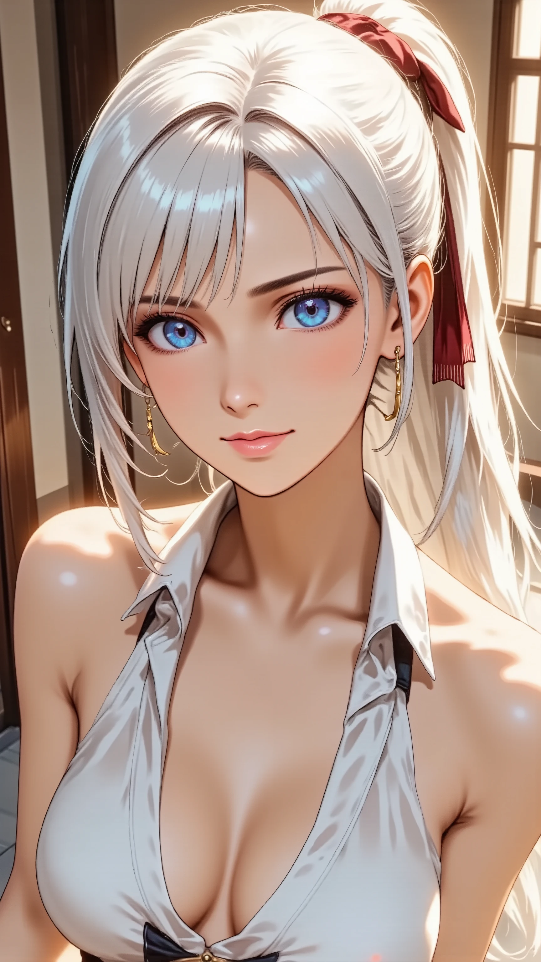 Full body high angle shot of a professional anime woman in a commanding pose, Sleek ponytail hairstyle, Confident expression, Bold red lipstick and refined makeup, light smile, shrine maiden outfit