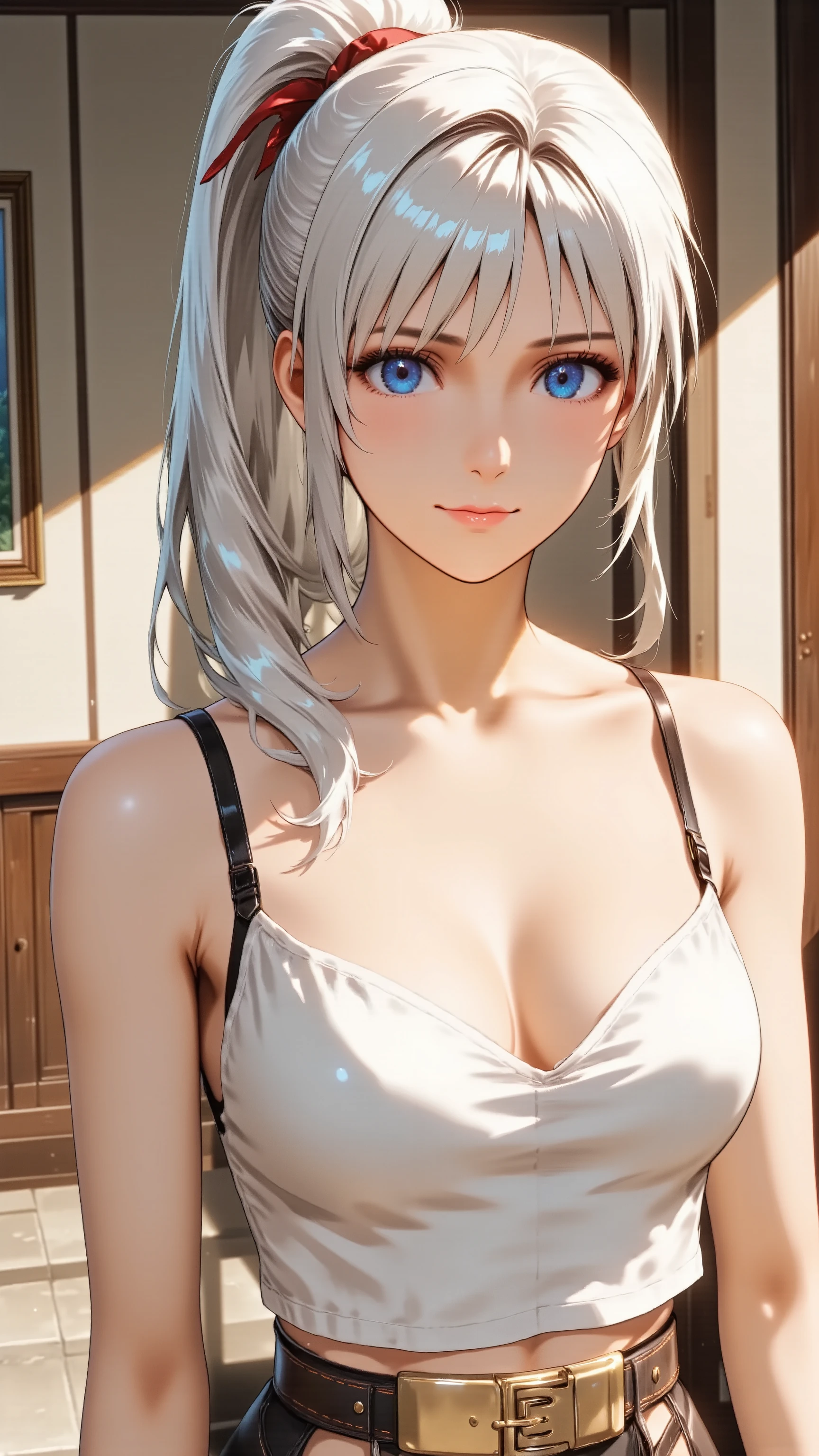 Full body high angle shot of a professional anime woman in a commanding pose, Sleek ponytail hairstyle, Confident expression, Bold red lipstick and refined makeup, light smile, shrine maiden outfit